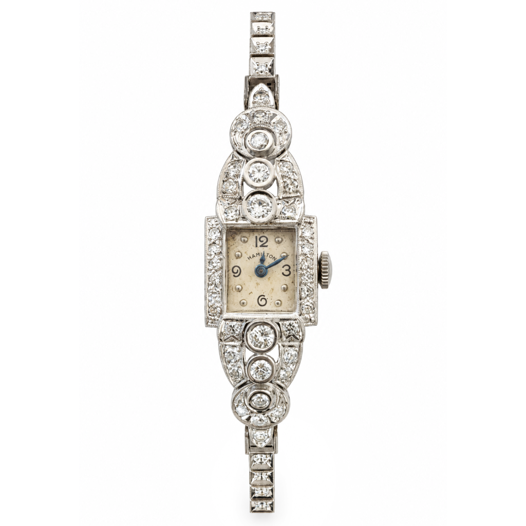 Art Deco 14K White Gold 1 Carat Antique Single Cut & Round Diamond Hamilton Bracelet Watch