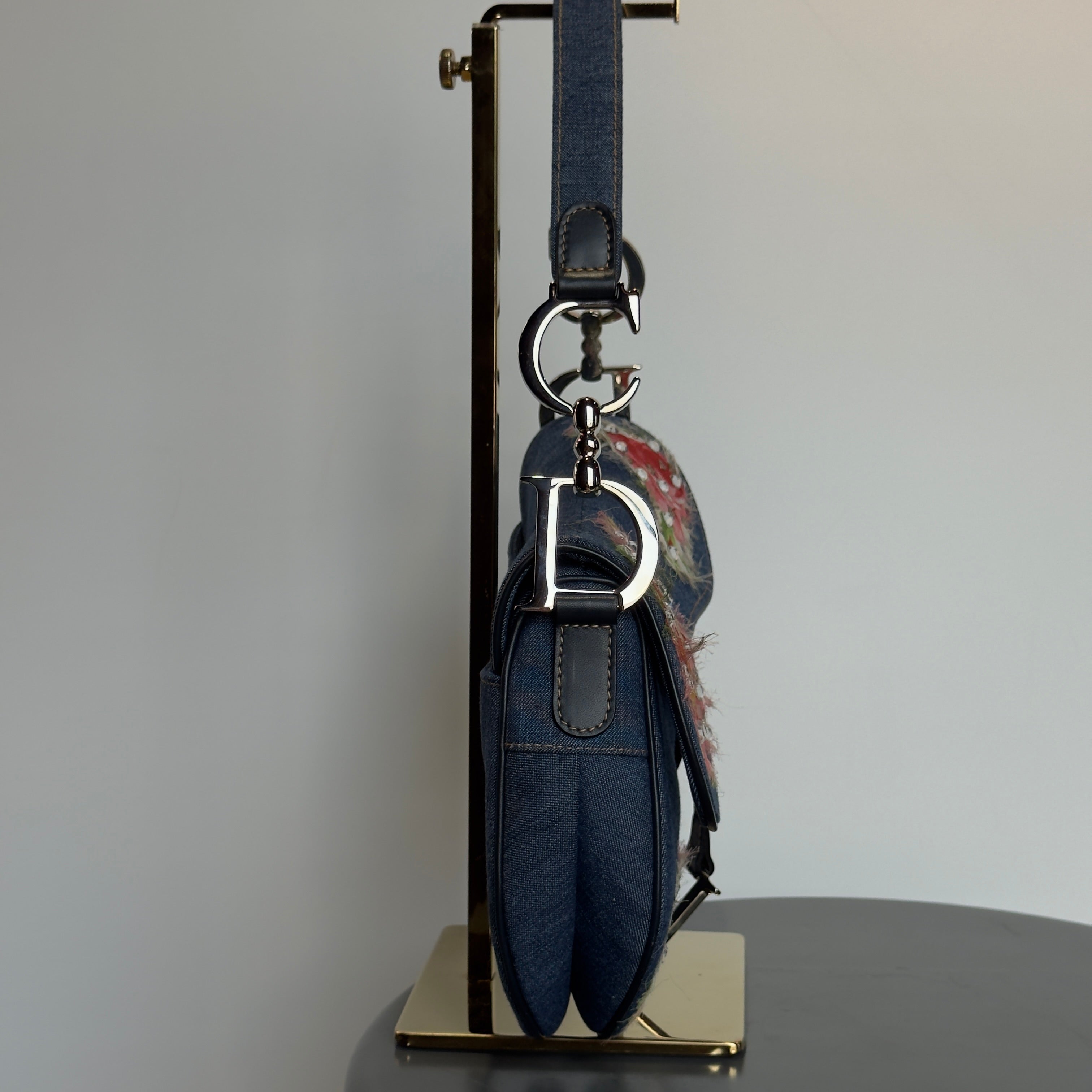 Vintage Limited Edition Dior John Galliano Denim Crystal Floral Embroidered Saddle Bag Y2K