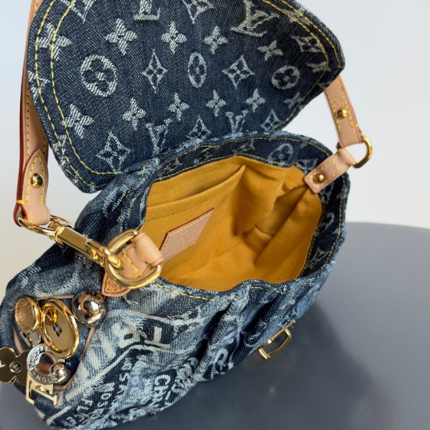 Rare Limited Edition Louis Vuitton Blue Monogram Raye Denim Judy Blame Mini Pleaty Gold & Silver Hardware, 2008 6 Charms - Queen May
