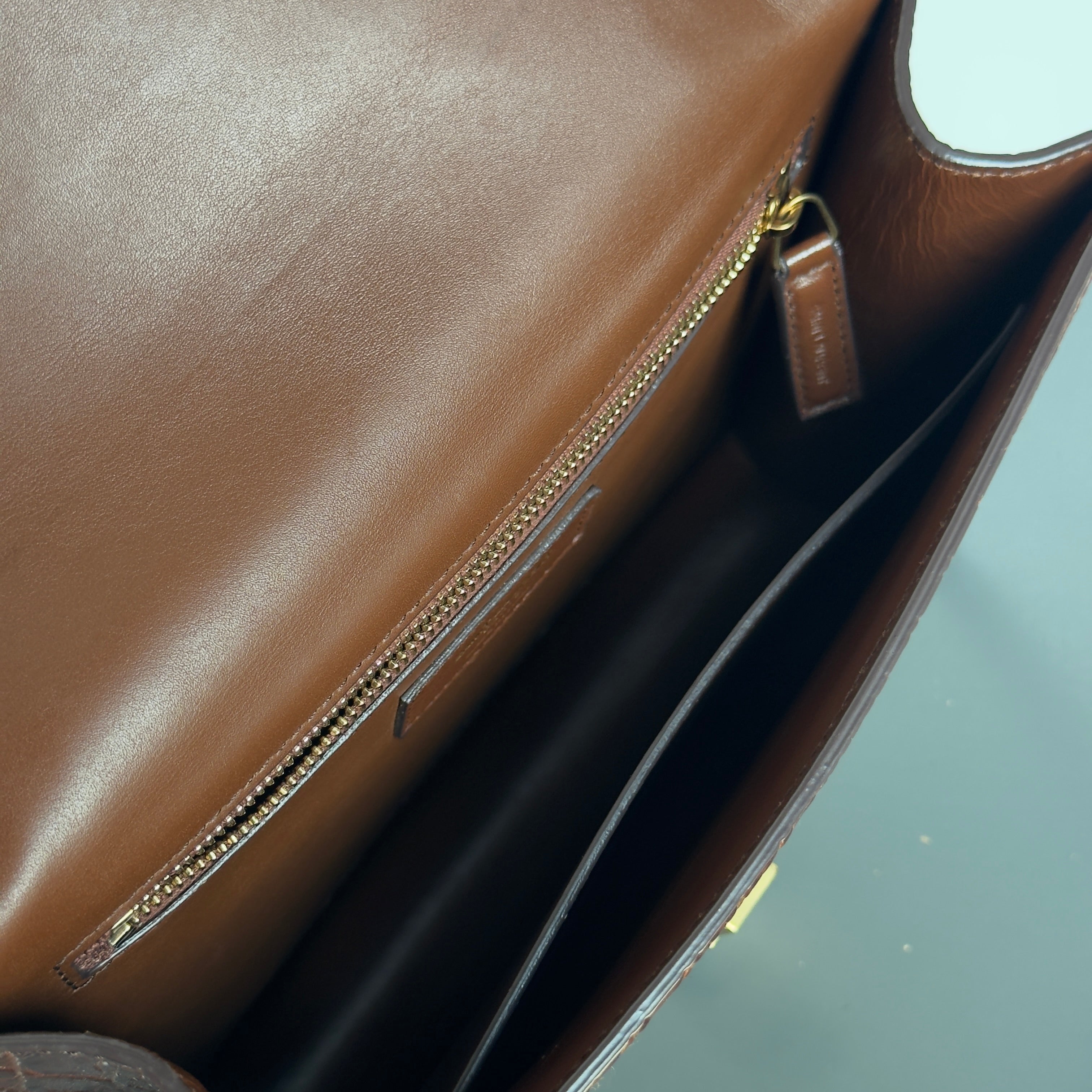 Saint Laurent Le Carre Satchel Canvas Brown Crocodile Embossed Leather Trim - Queen May