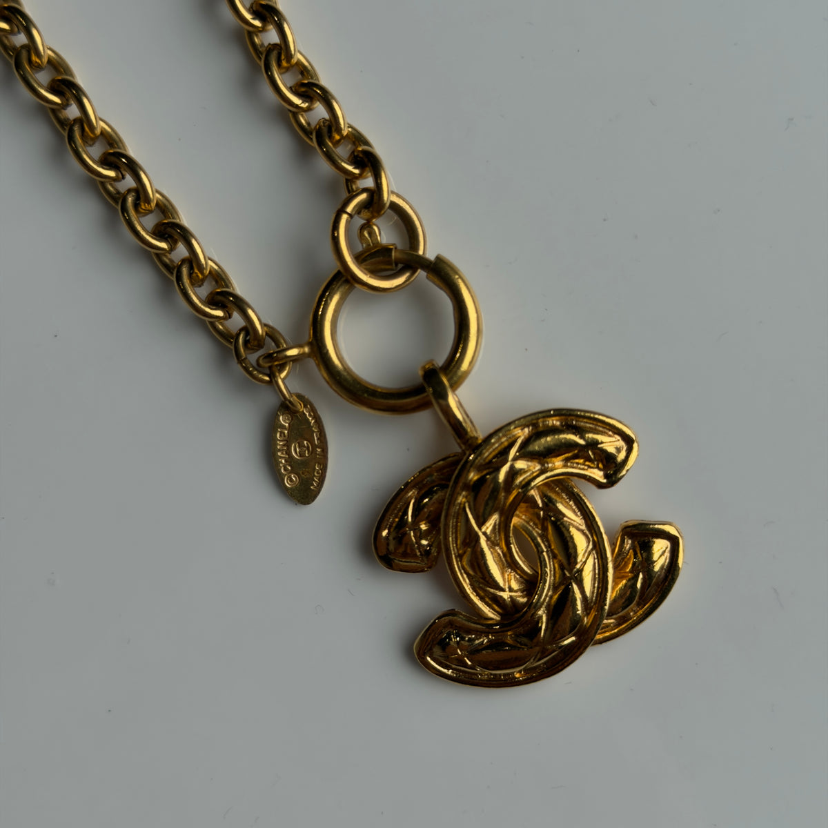 Vintage Chanel 1970-1980 Gold Plated Quilted CC Pendant Necklace