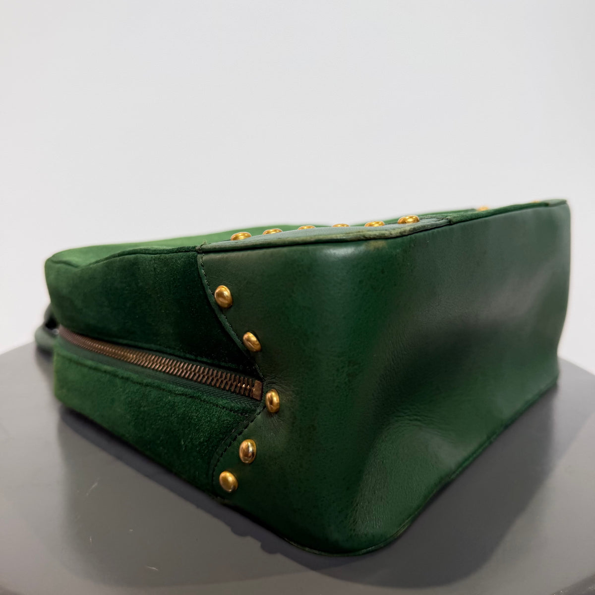 Vintage Celine Top Handle Suede Box Bag Forest Green