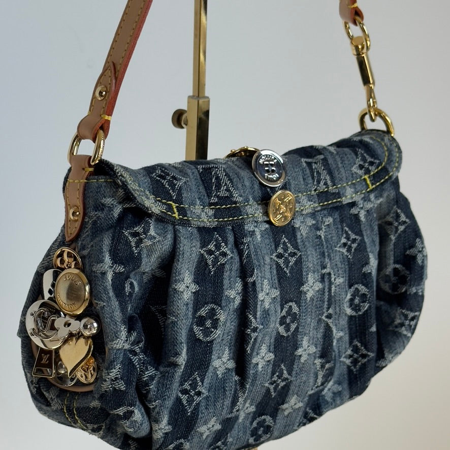 Rare Limited Edition Louis Vuitton Blue Monogram Raye Denim Judy Blame Mini Pleaty Gold & Silver Hardware, 2008 6 Charms - Queen May