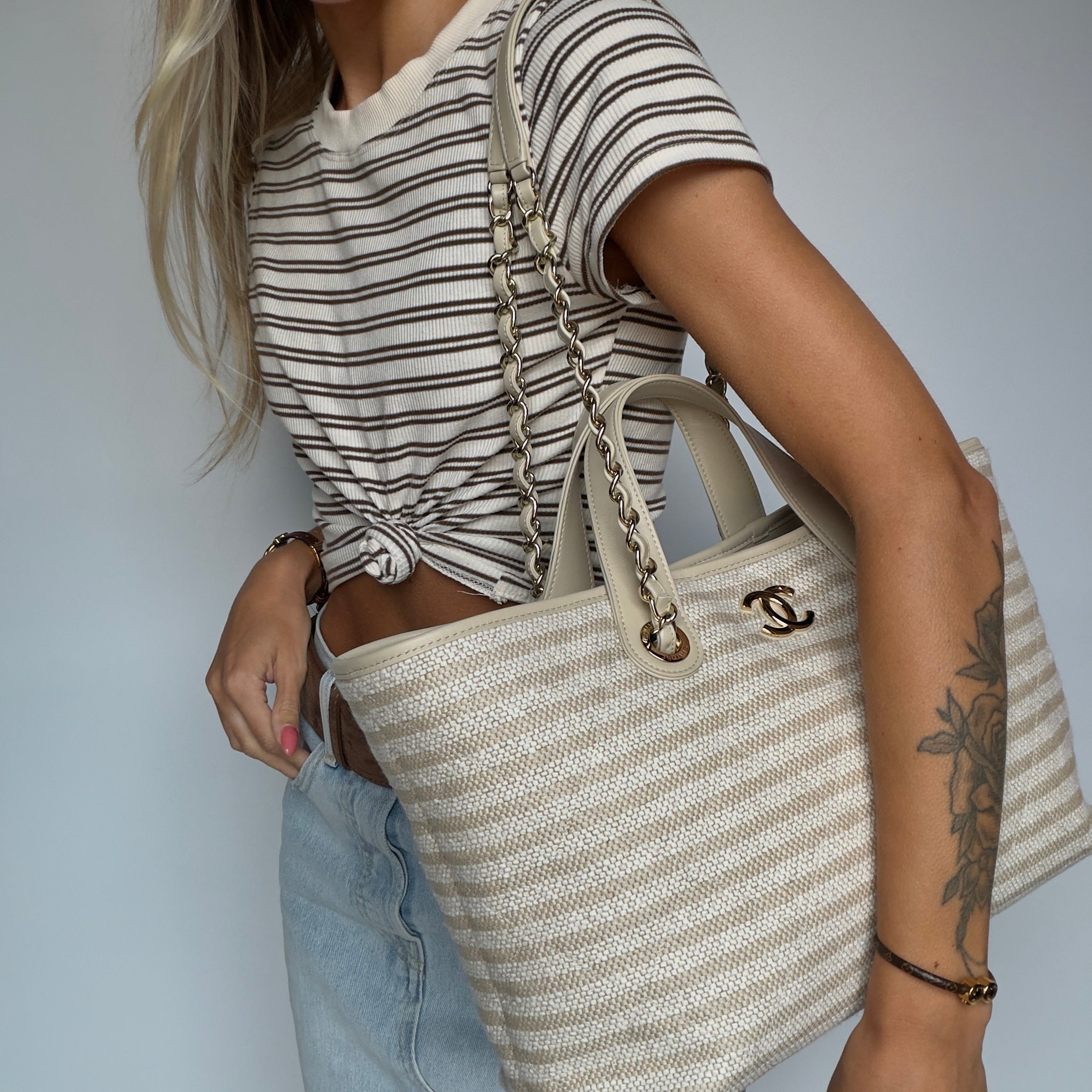 Chanel 2026 Large Striped Shopping Tote Canvas