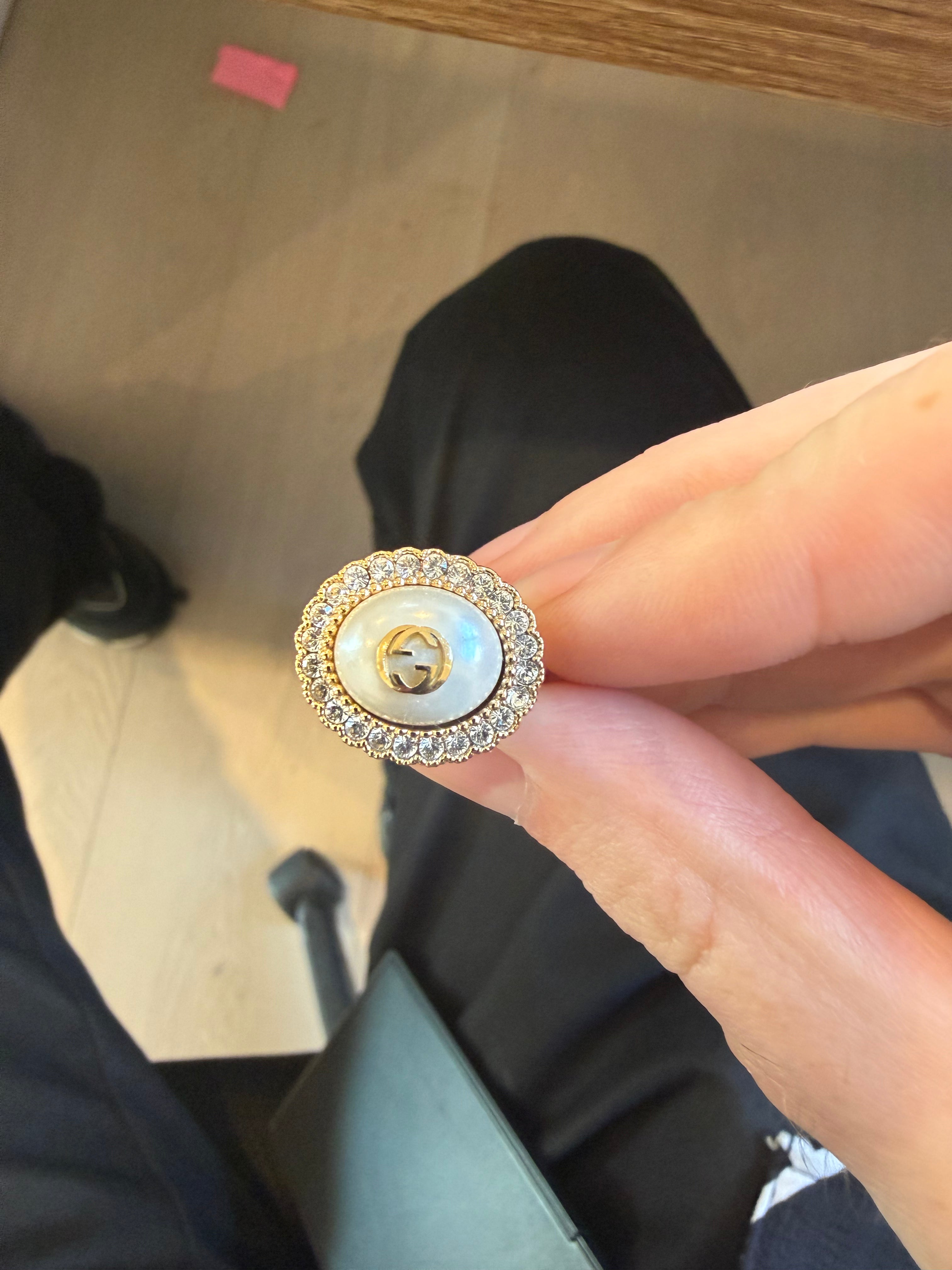 Gucci Interlocking GG Crystal Embellished Faux Pearl Ring