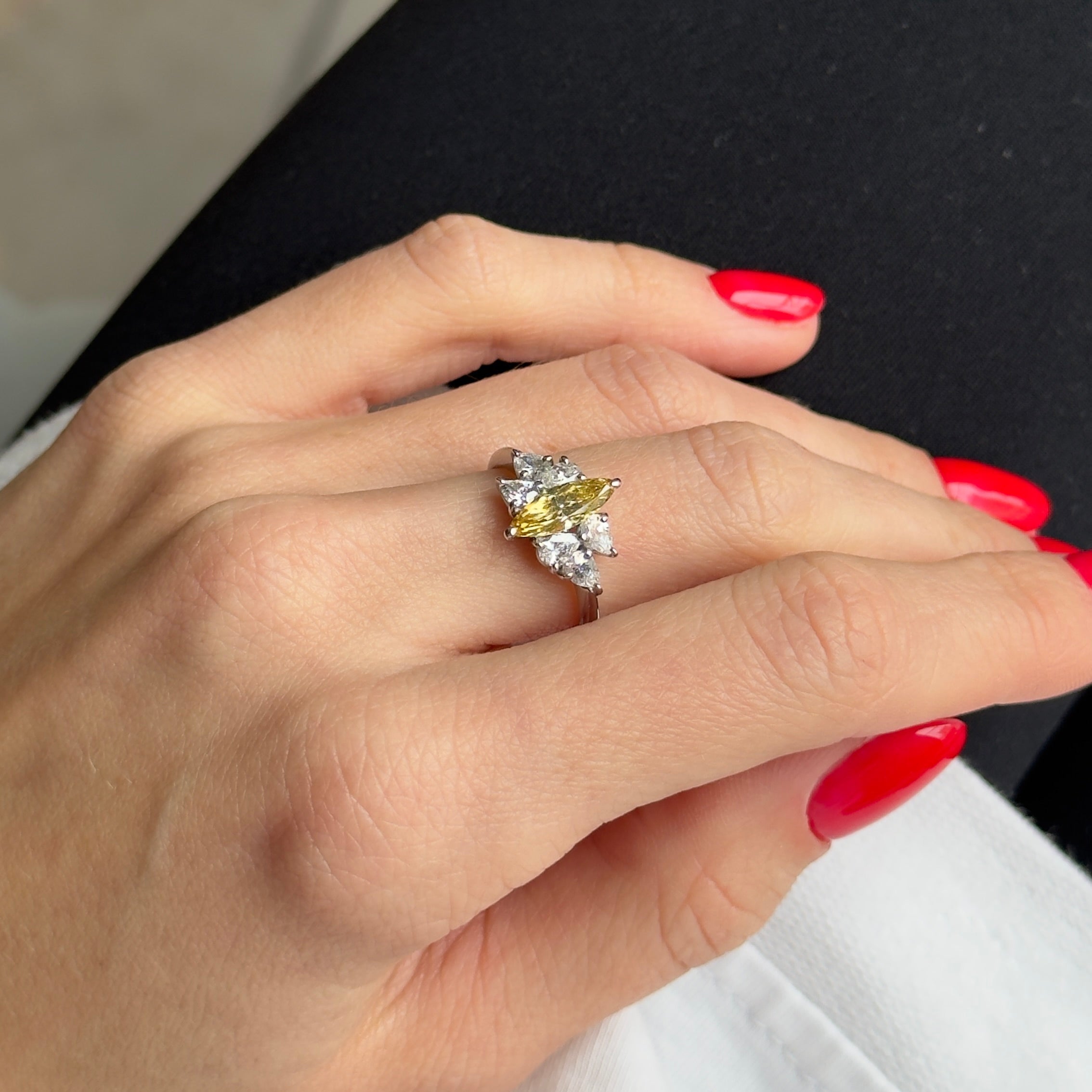 Platinum 0.74 Carat Fancy Intense Yellow Marquise Diamond Engagement Ring - Queen May