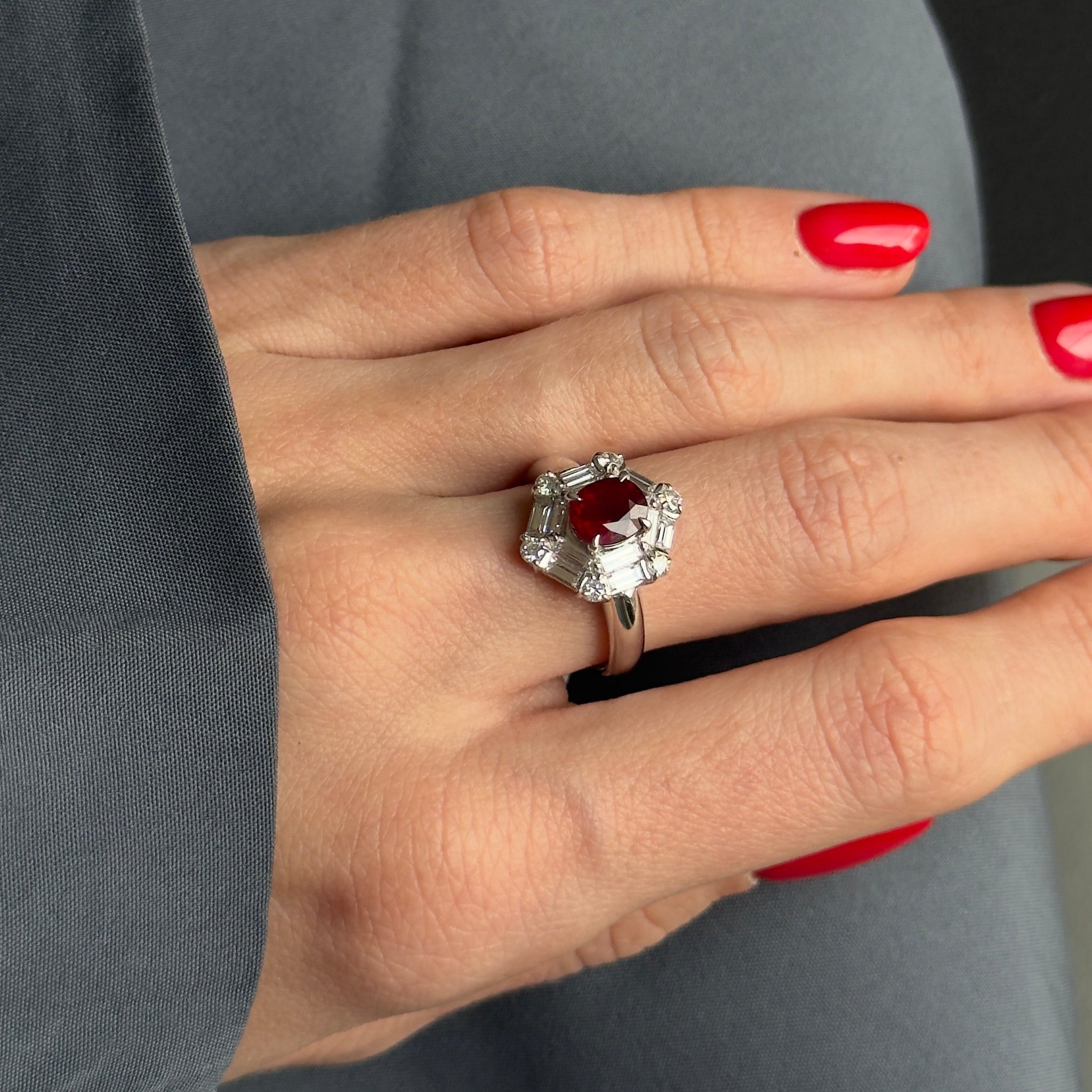 Platinum 1.35 Carat Pigeons Blood Ruby Diamond Hexagon Ring - Queen May