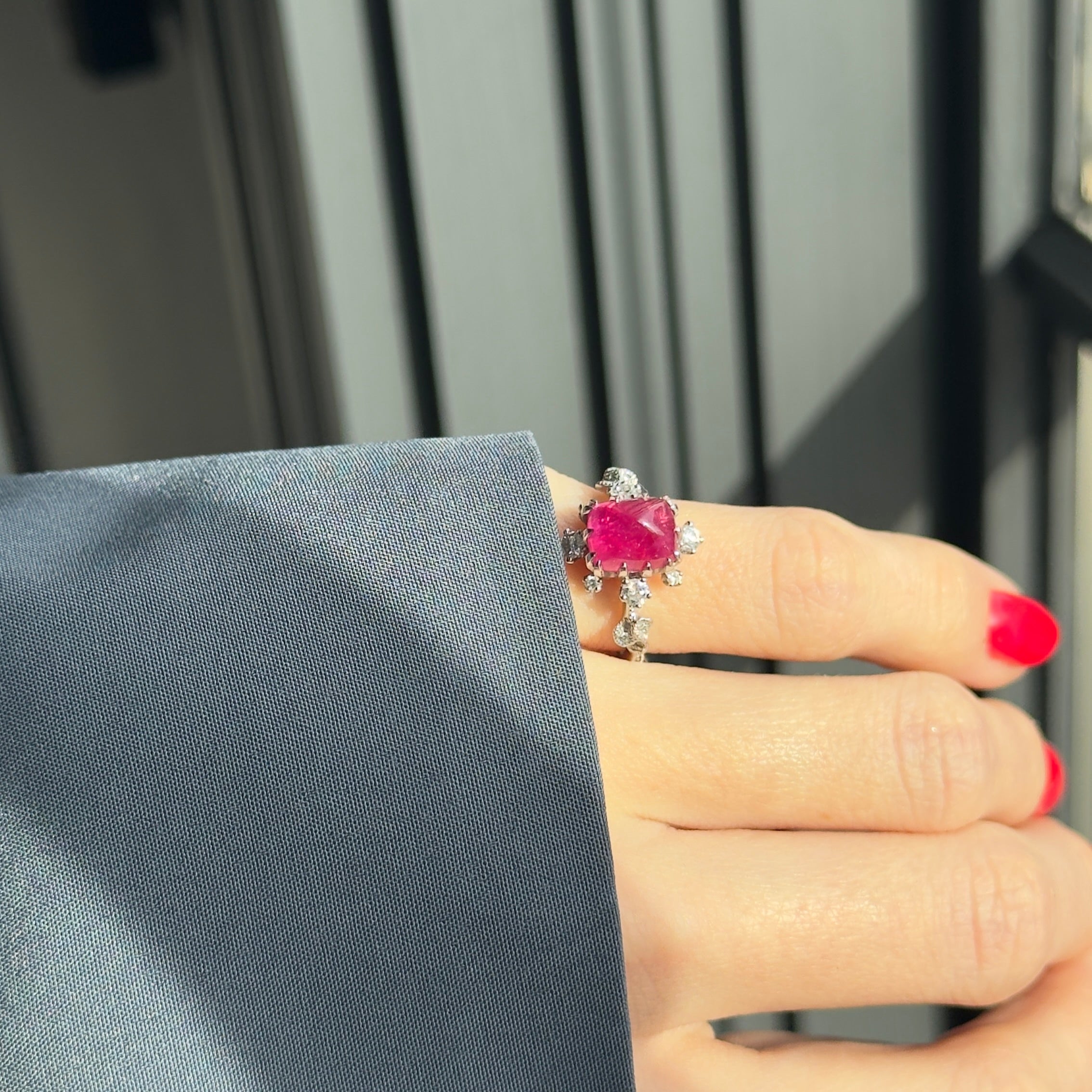 Platinum 2.95 Sugar Loaf Ruby Floral Diamond Ring - Queen May