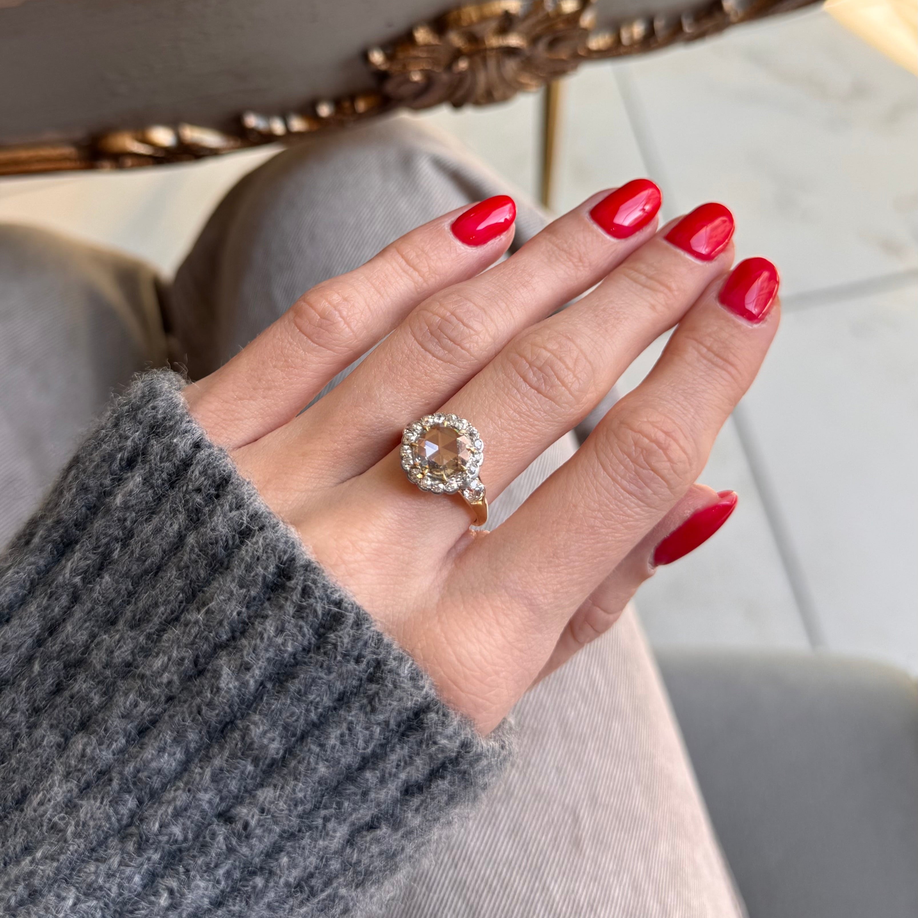 Victorian 14K and Platinum 1.50 Carat Rose Cut Diamond Halo Ring - Queen May