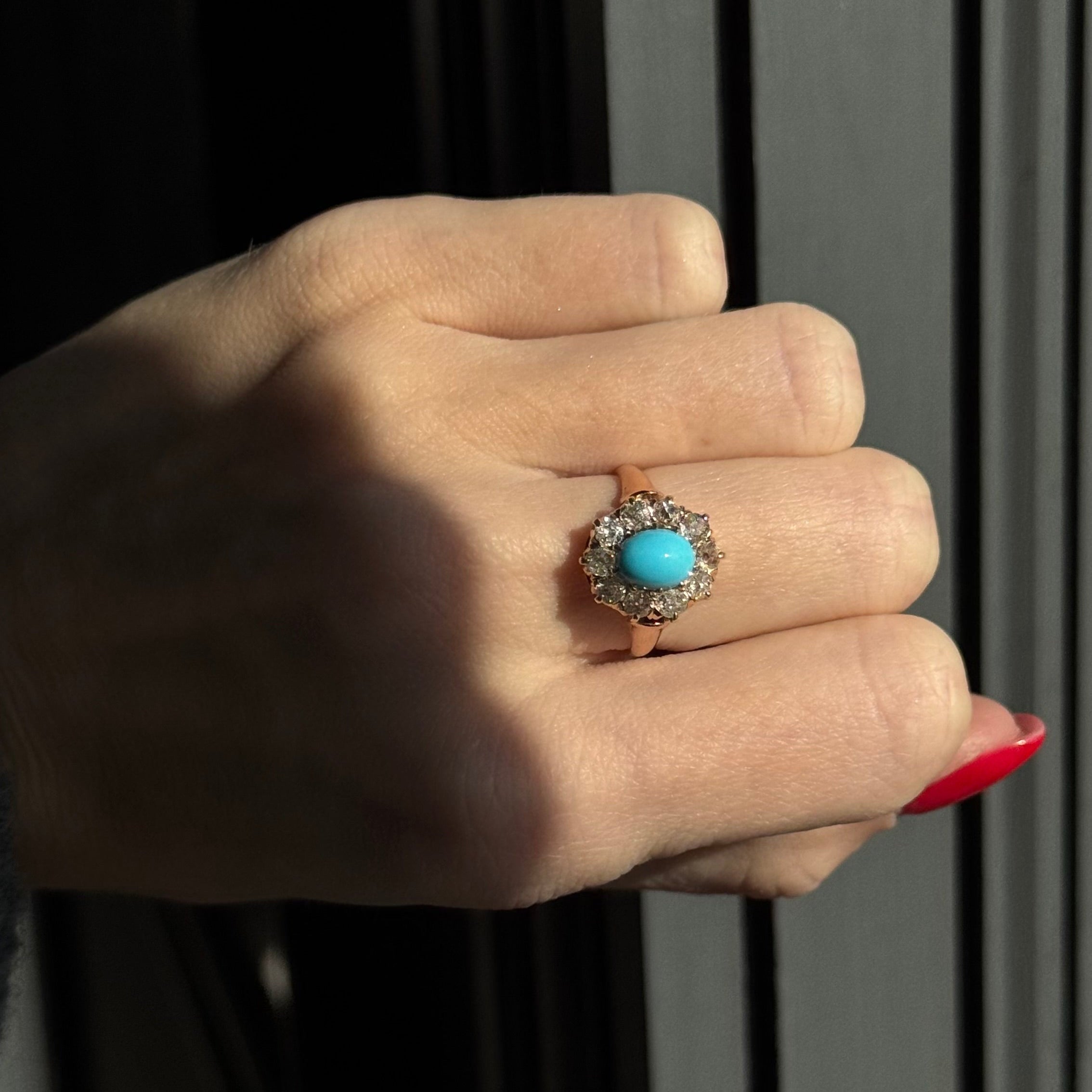 Victorian 14K Rose Gold 1.50 Carat Turquoise Old European Cut Diamond Halo Ring - Queen May