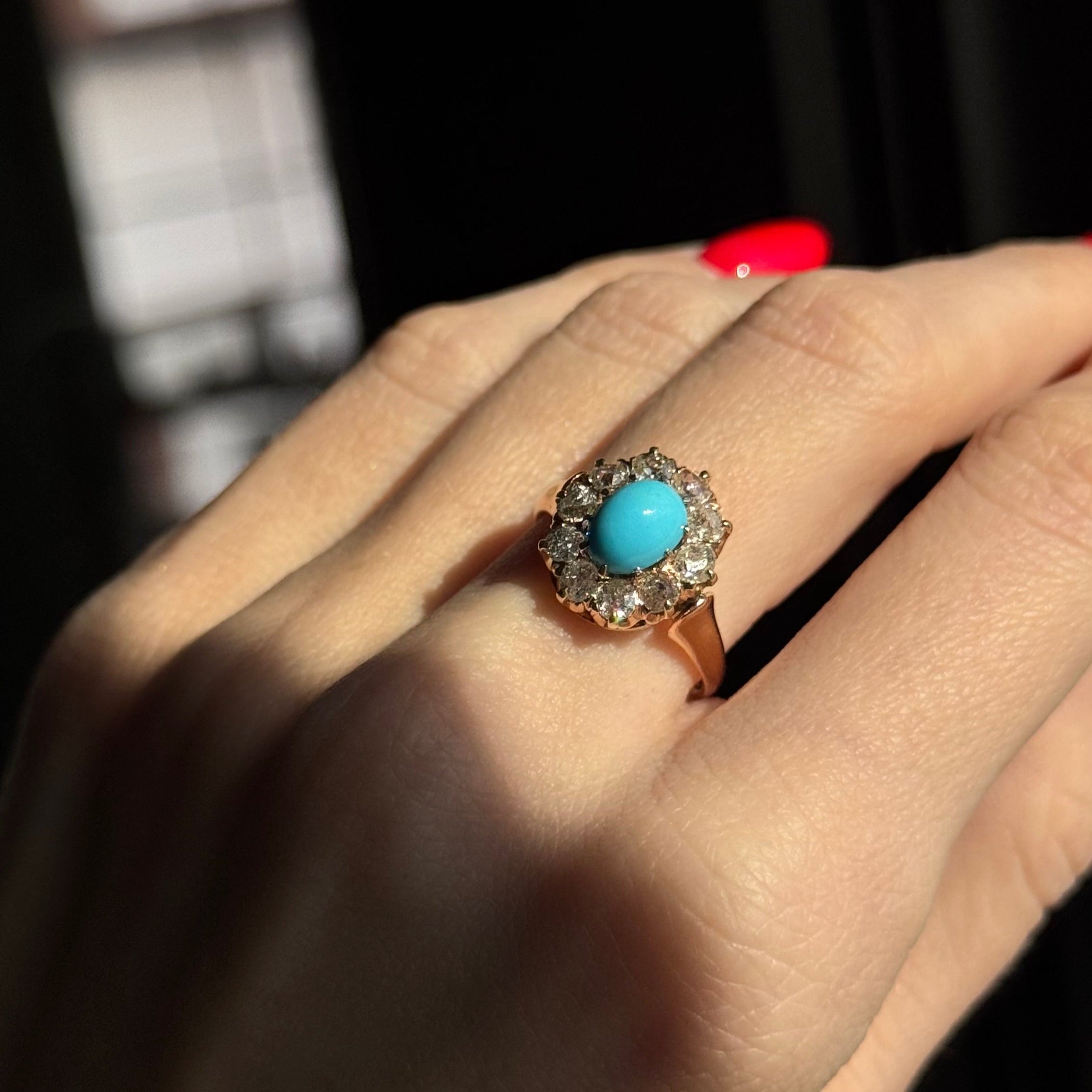Victorian 14K Rose Gold 1.50 Carat Turquoise Old European Cut Diamond Halo Ring - Queen May