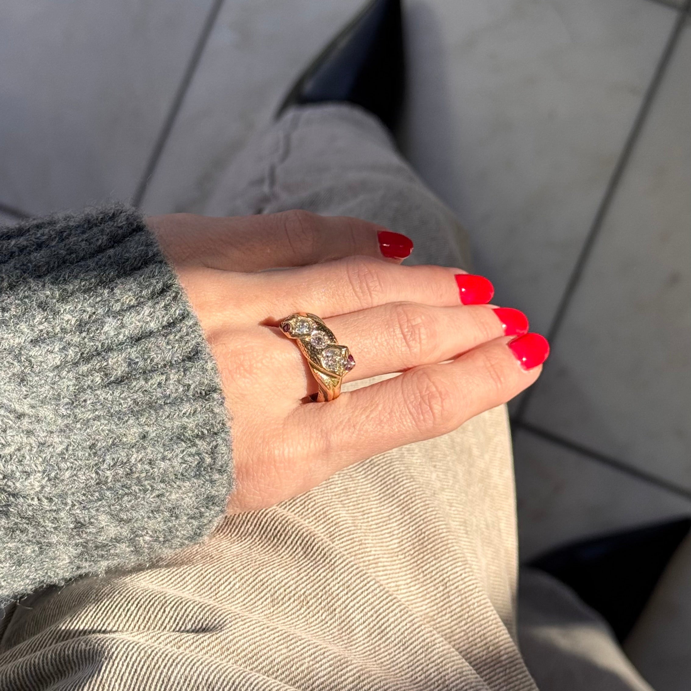 Victorian 18K Yellow Gold Old European Cut Diamond and Ruby Snake Ring - Queen May