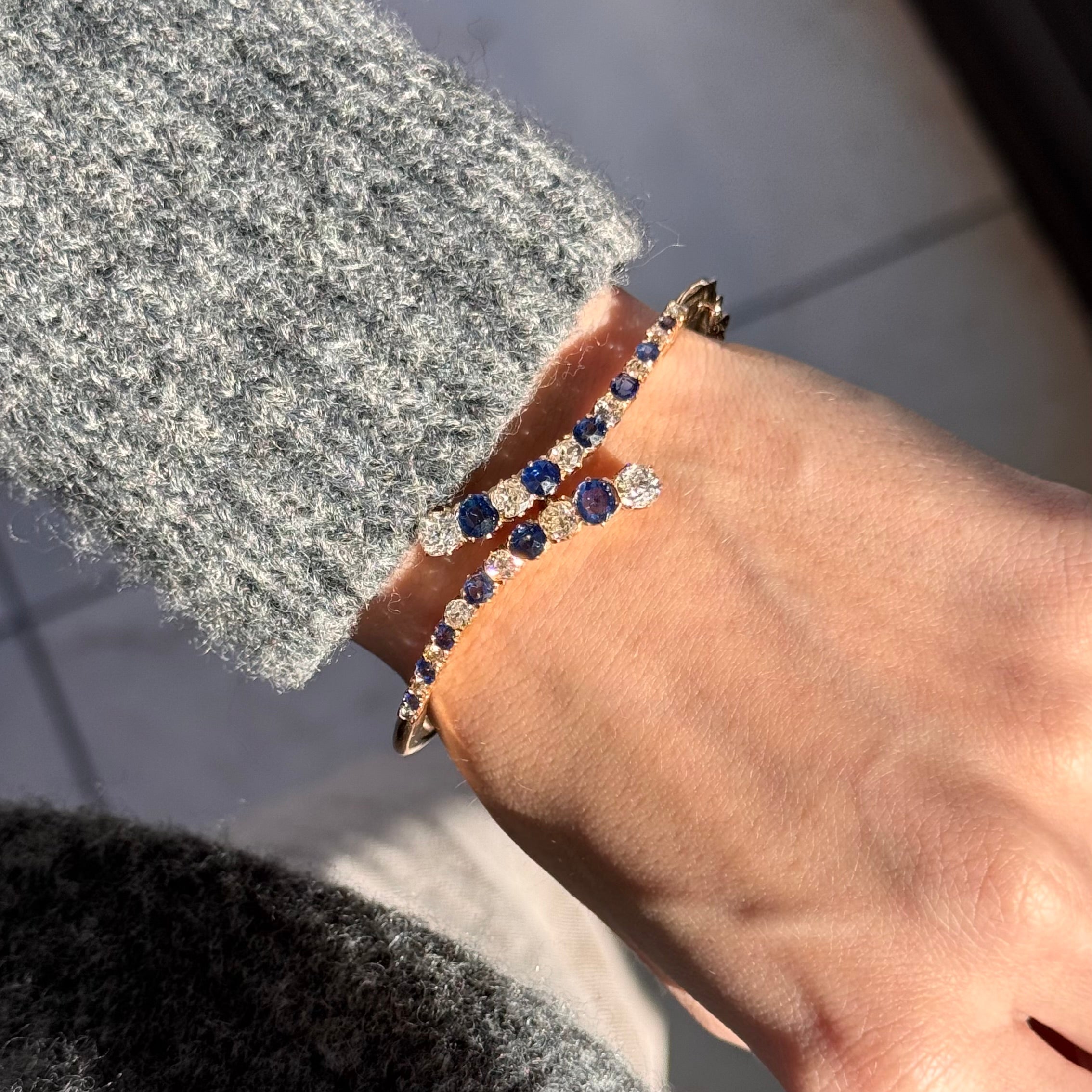 Victorian 14K Yellow Gold 2.5 Carat Old European Cut Diamond Sapphire Bangle - Queen May