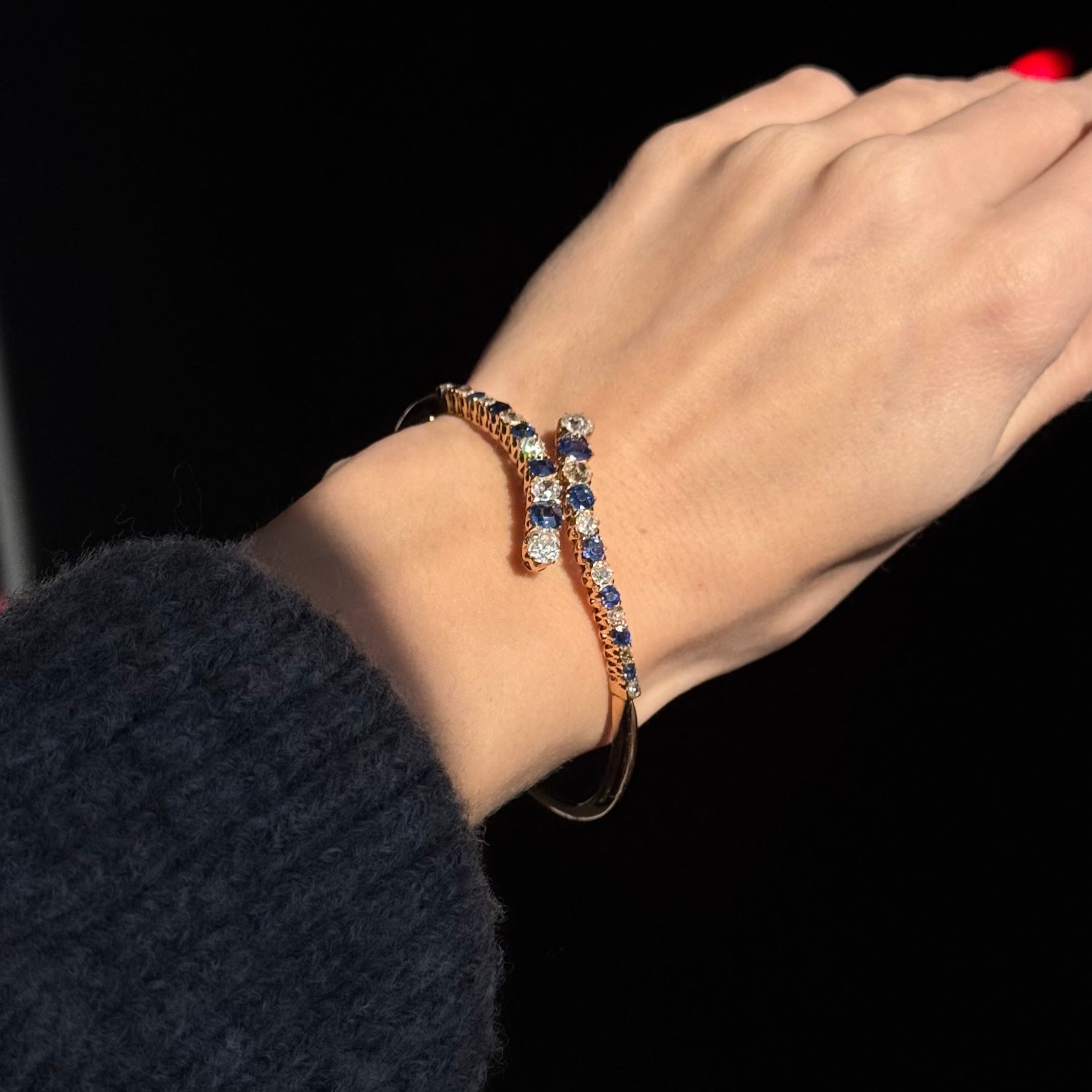 Victorian 14K Yellow Gold 2.5 Carat Old European Cut Diamond Sapphire Bangle - Queen May