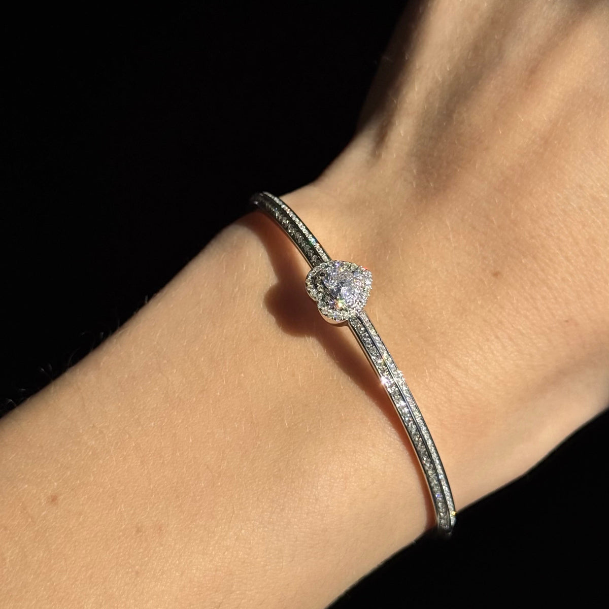 18K White Gold 0.62 Carat Heart Diamond Pave Bangle - Queen May