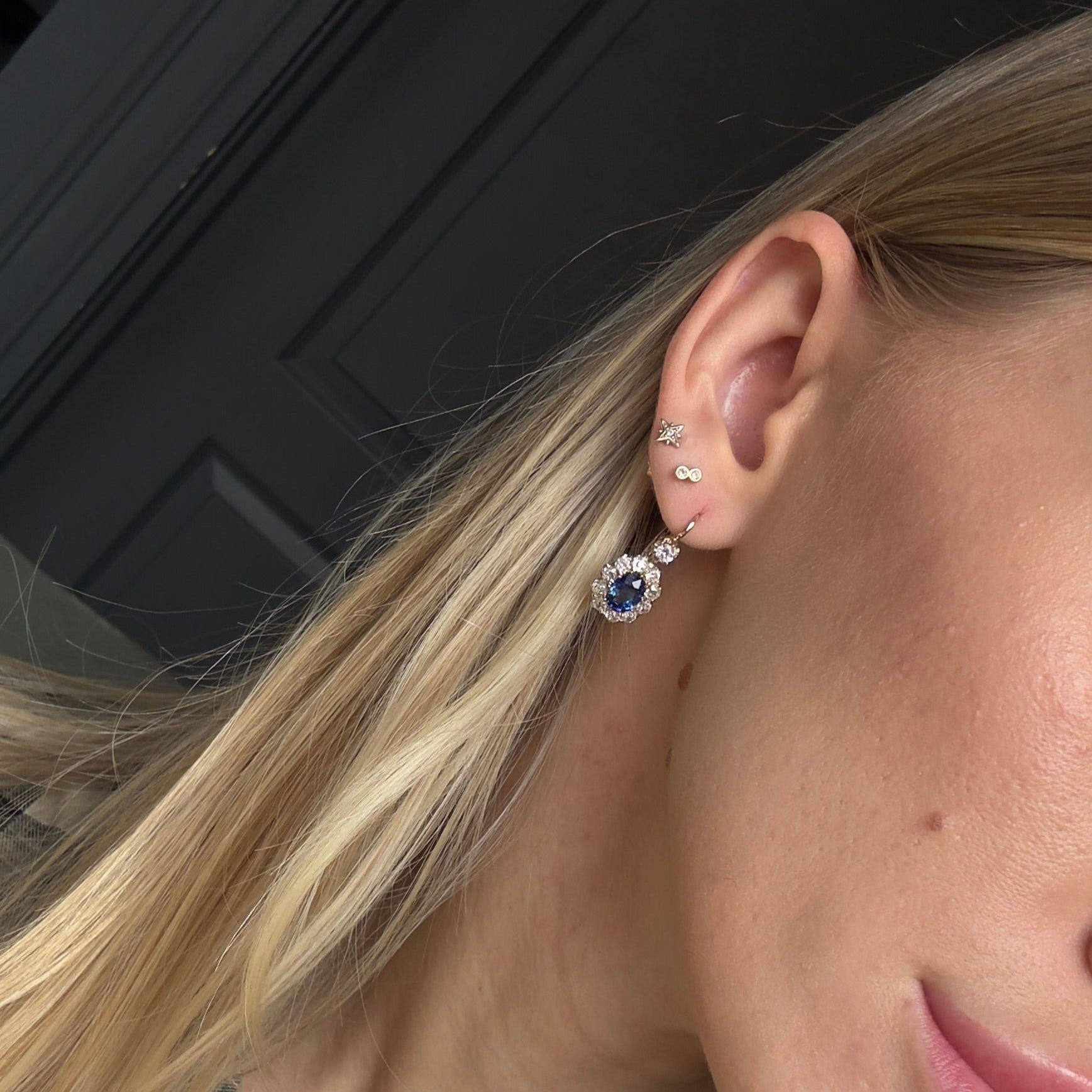 Victorian Inspired 18K Yellow Gold 3.86 Carat Sapphire Diamond Halo Drop Earrings - Queen May
