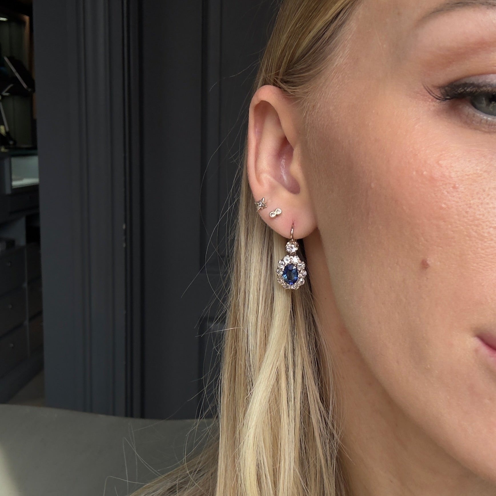 Victorian Inspired 18K Yellow Gold 3.86 Carat Sapphire Diamond Halo Drop Earrings - Queen May
