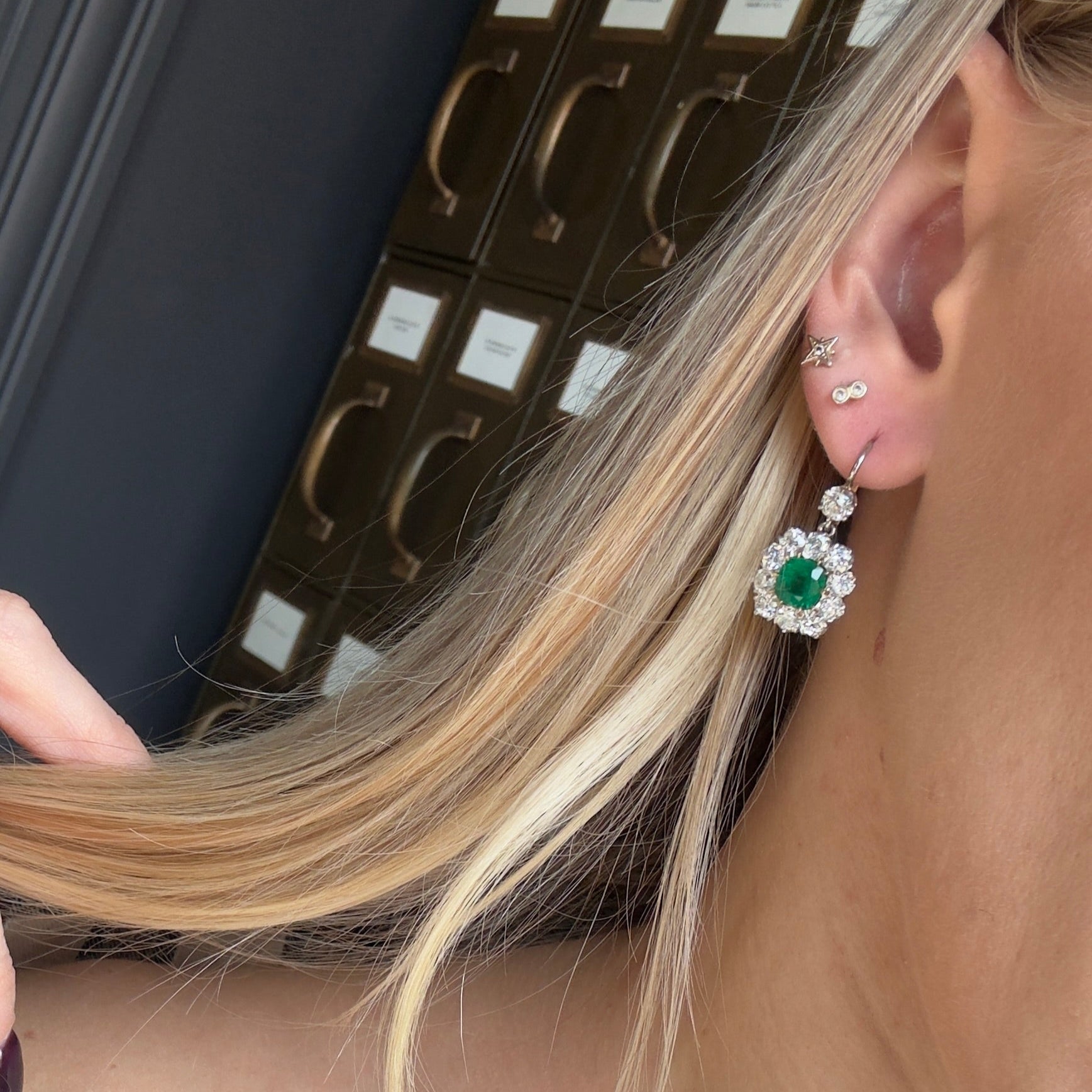 Victorian Inspired 18K Yellow Gold & Platinum 2.65 Carat Emerald Diamond Halo Earrings - Queen May