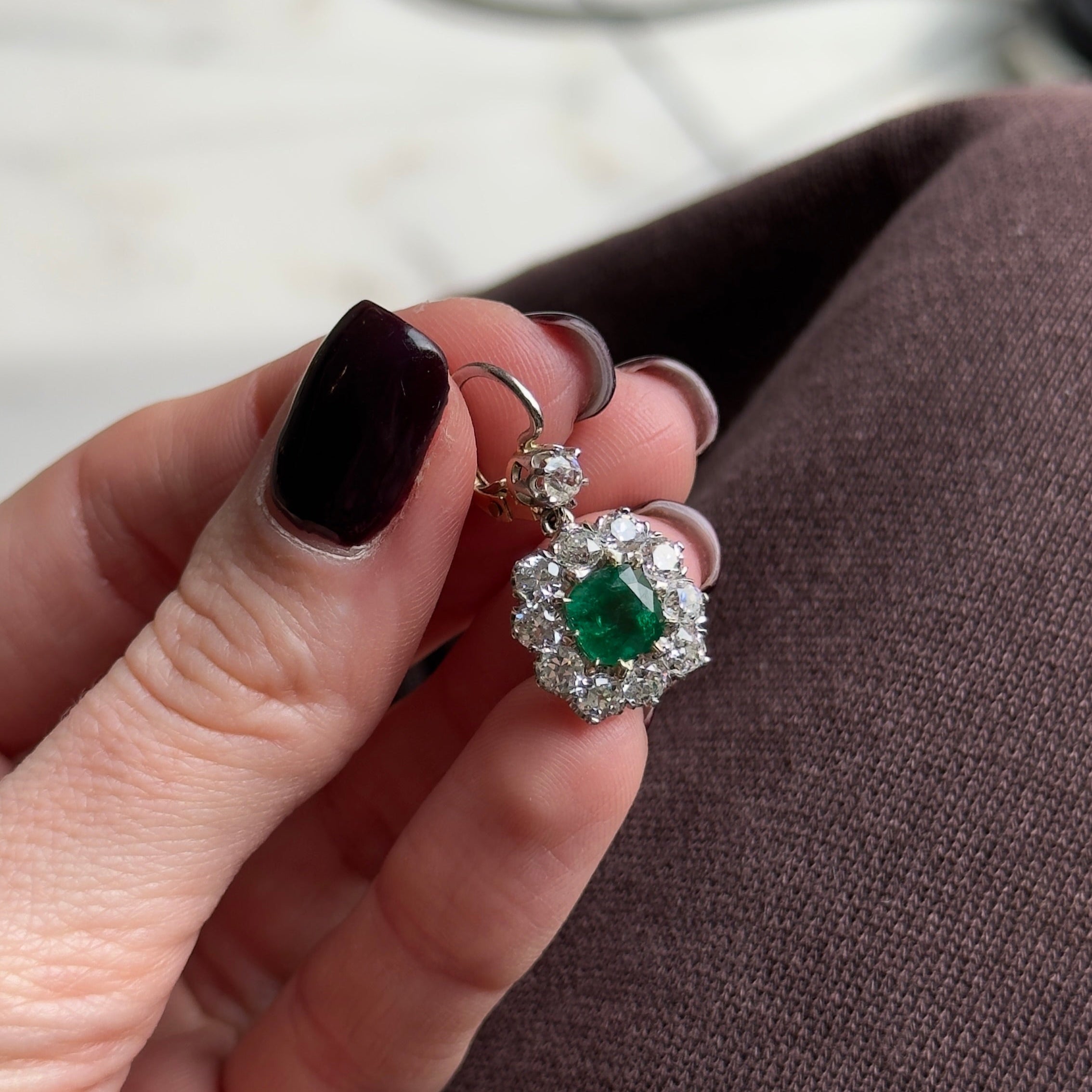 Victorian Inspired 18K Yellow Gold & Platinum 2.65 Carat Emerald Diamond Halo Earrings - Queen May