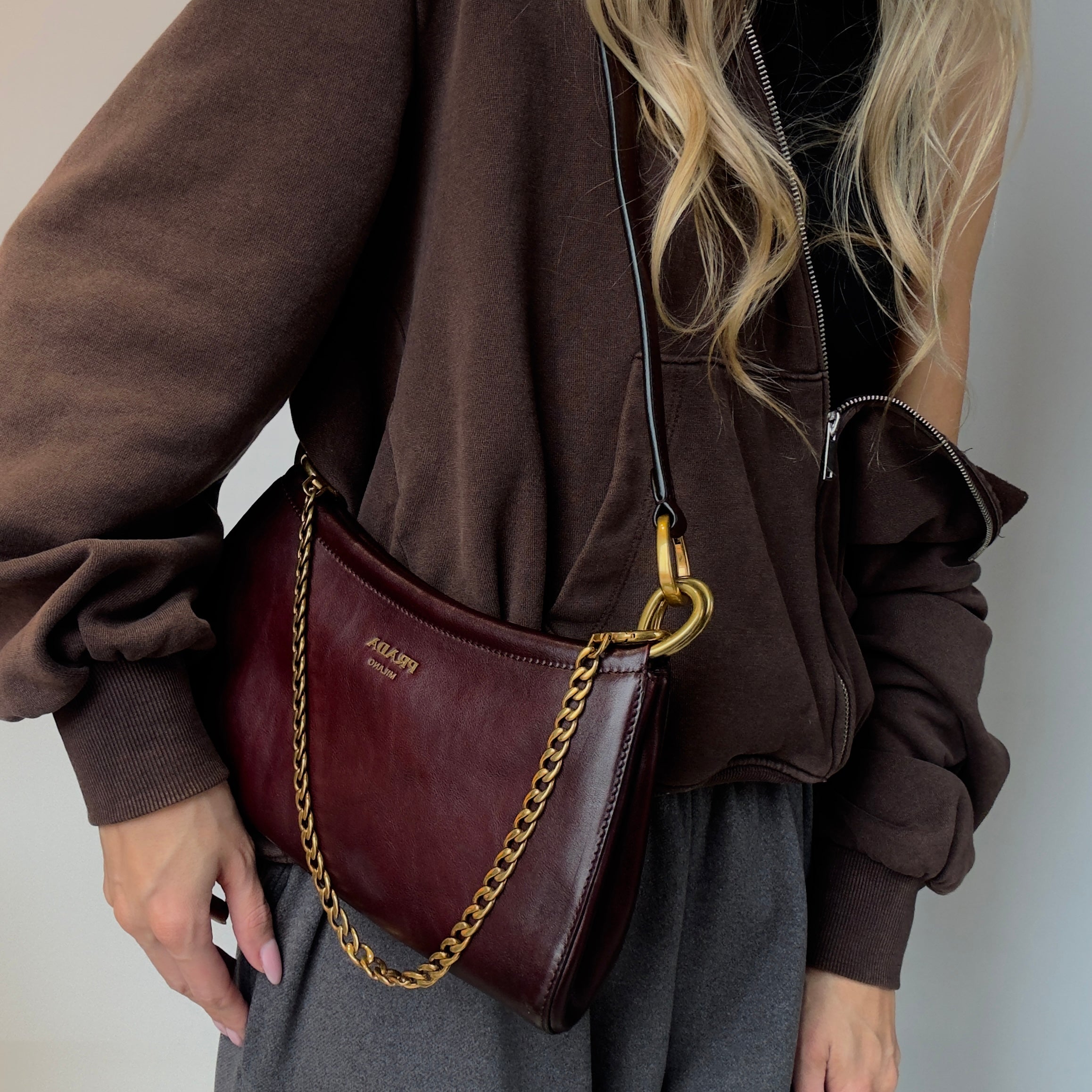 Ultra Rare Prada Fall 2025 Slouchy Burgundy Half Moon Shoulder Bag - Queen May