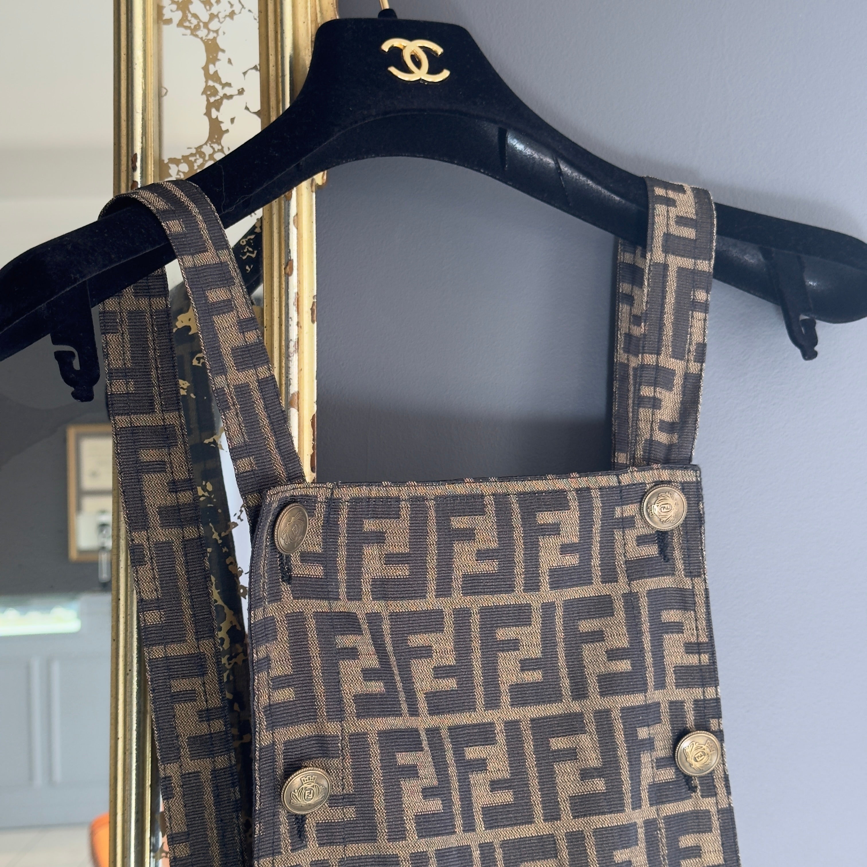 Vintage Fendi Pinafore 1990s Zucca Logo Print Overall Dress - Queen May