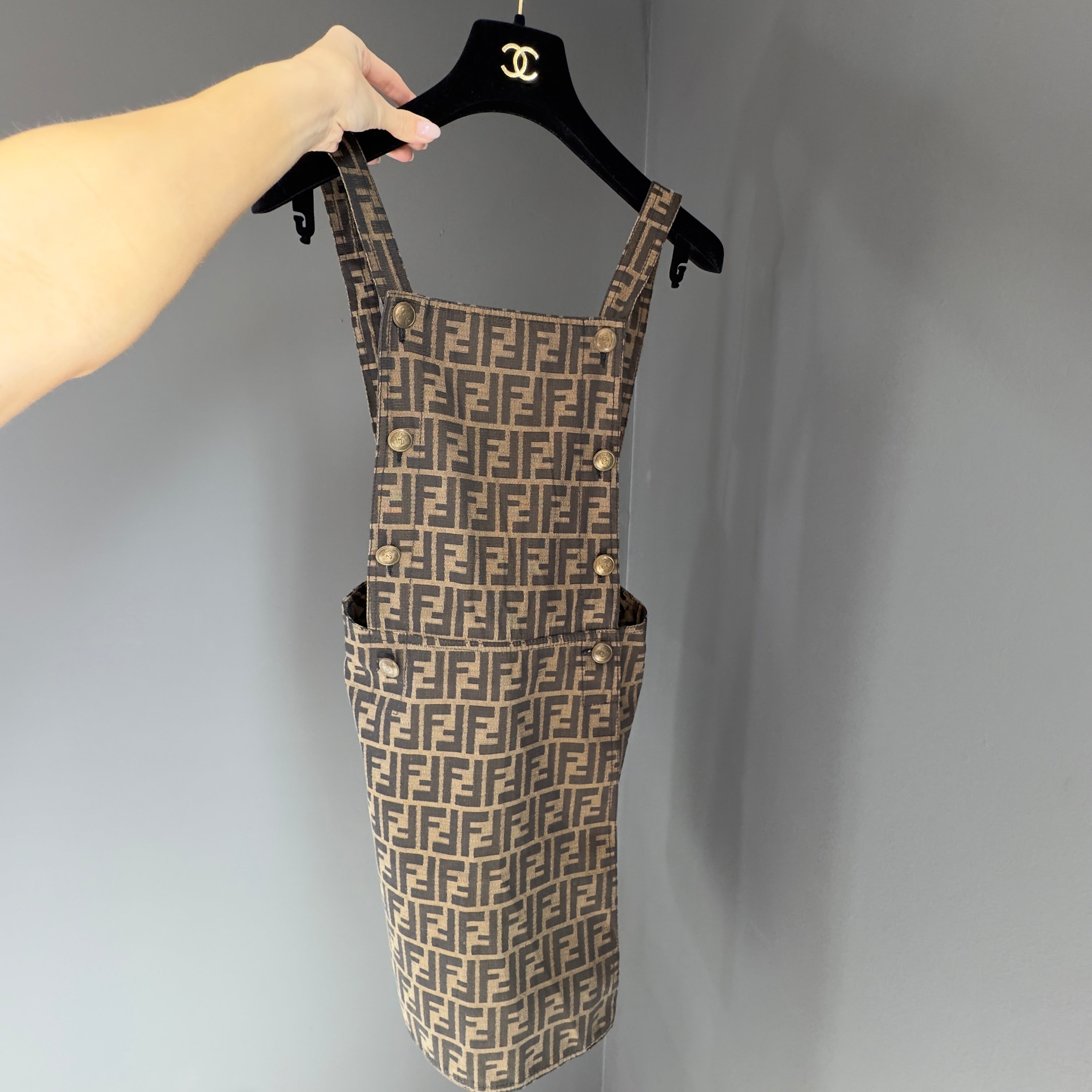 Vintage Fendi Pinafore 1990s Zucca Logo Print Overall Dress - Queen May
