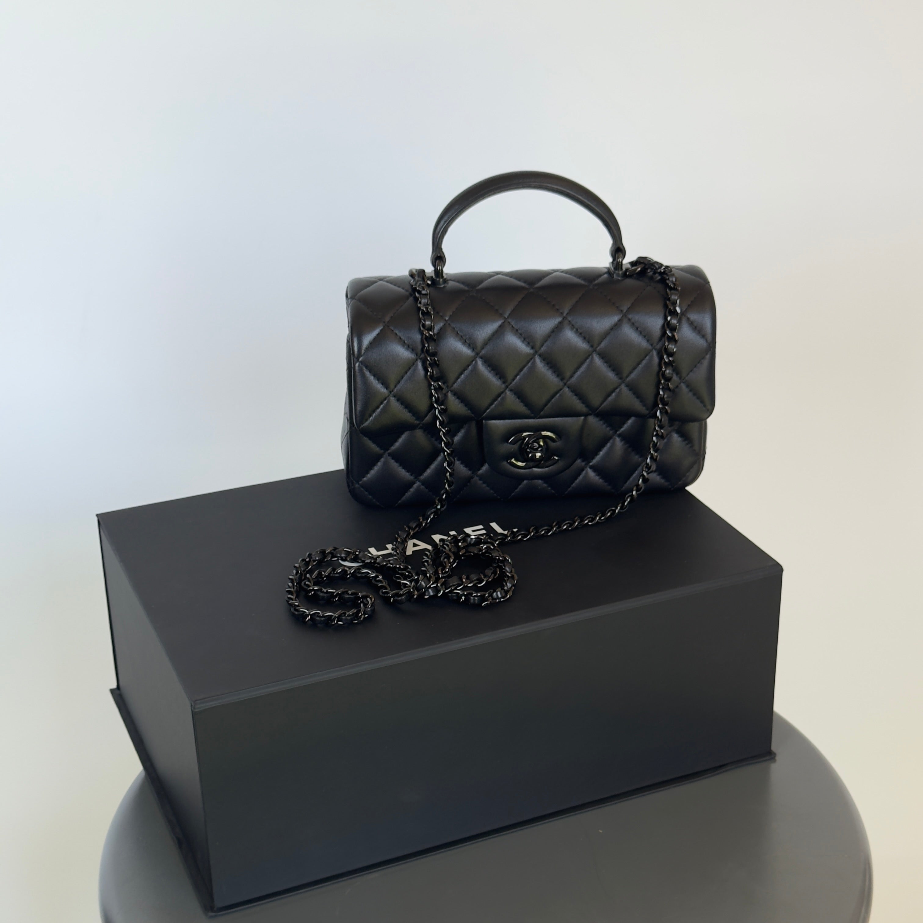 Chanel Lambskin Quilted Mini Top Handle Rectangular Flap So Black - Queen May