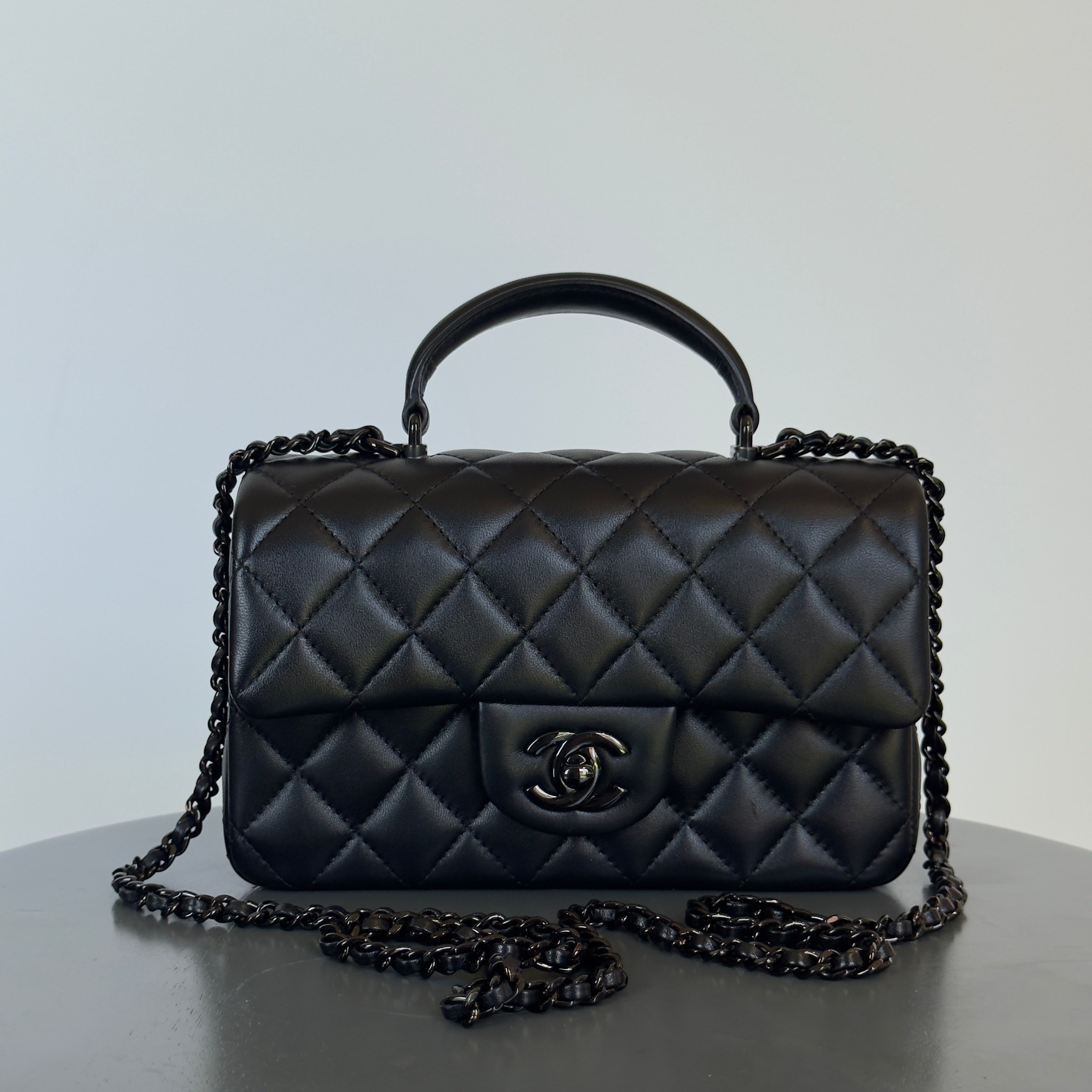 Chanel Lambskin Quilted Mini Top Handle Rectangular Flap So Black - Queen May