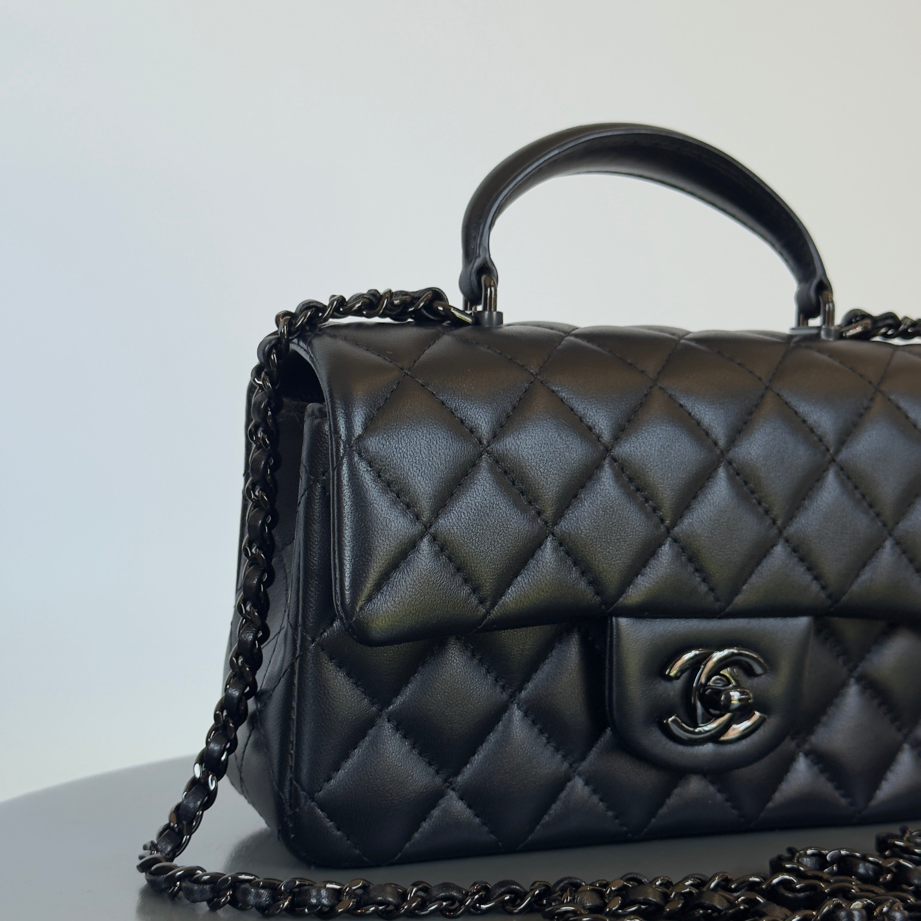 Chanel Lambskin Quilted Mini Top Handle Rectangular Flap So Black - Queen May