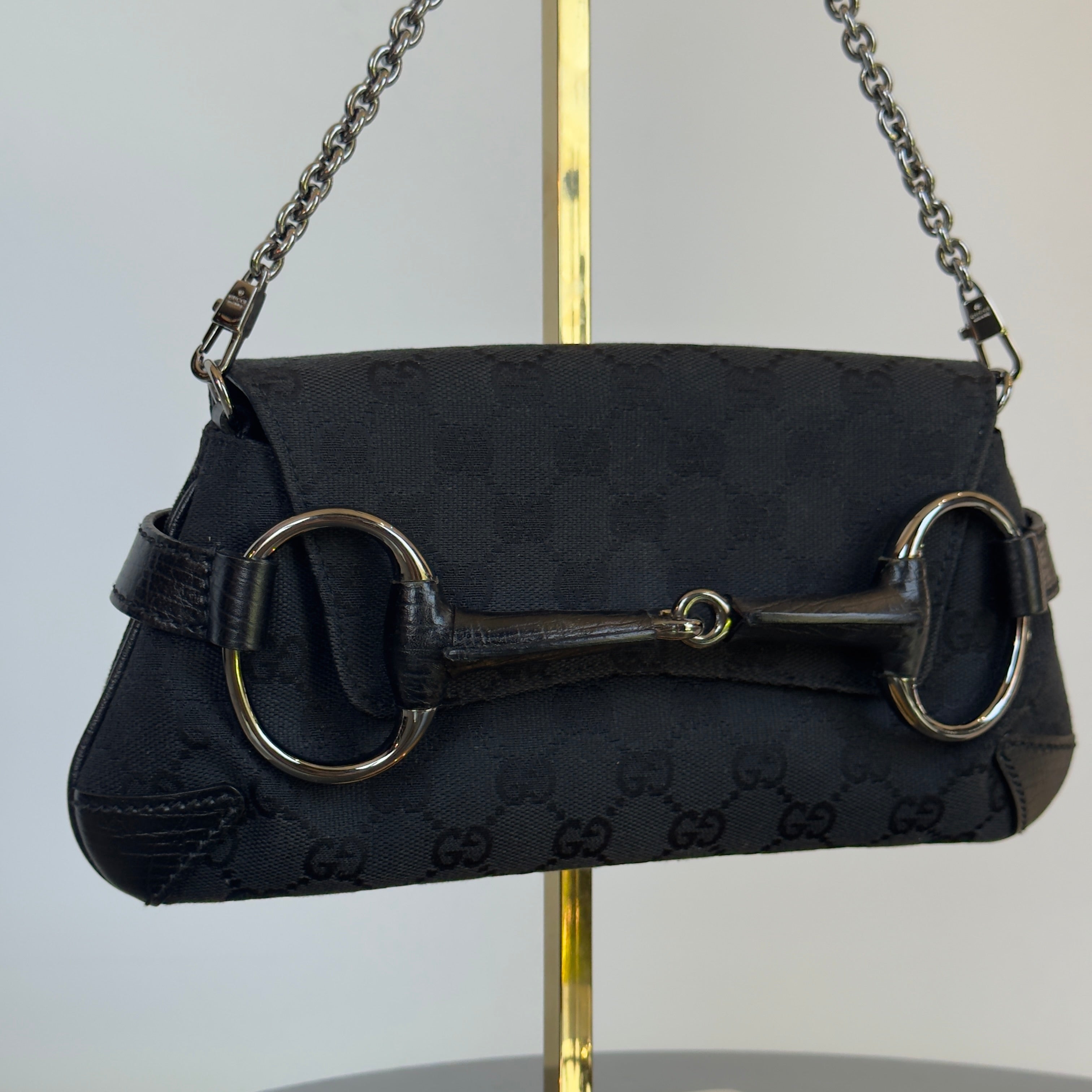 Rare Vintage Gucci Black GG Monogram Horsebit Shoulder Bag - Queen May