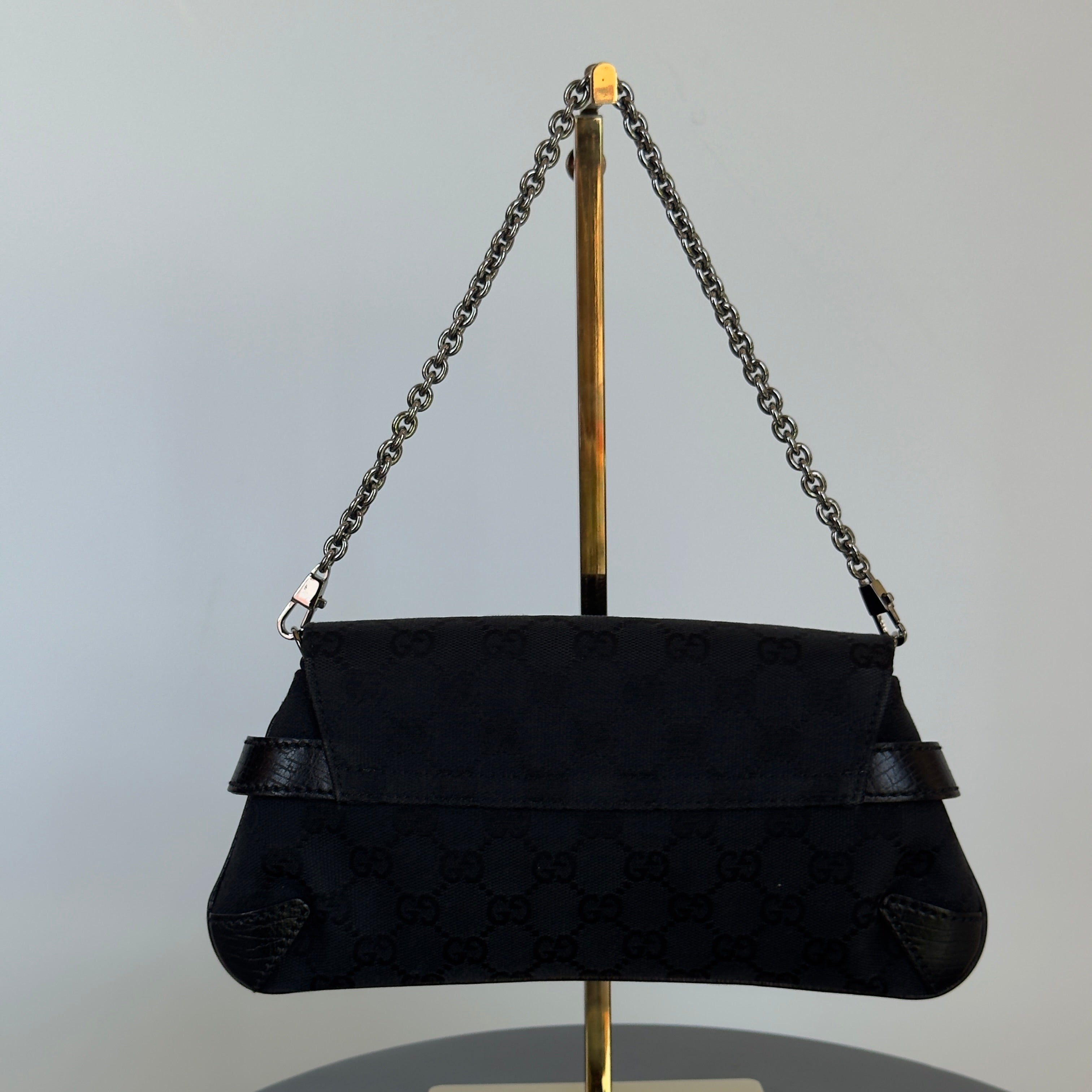 Rare Vintage Gucci Black GG Monogram Horsebit Shoulder Bag - Queen May
