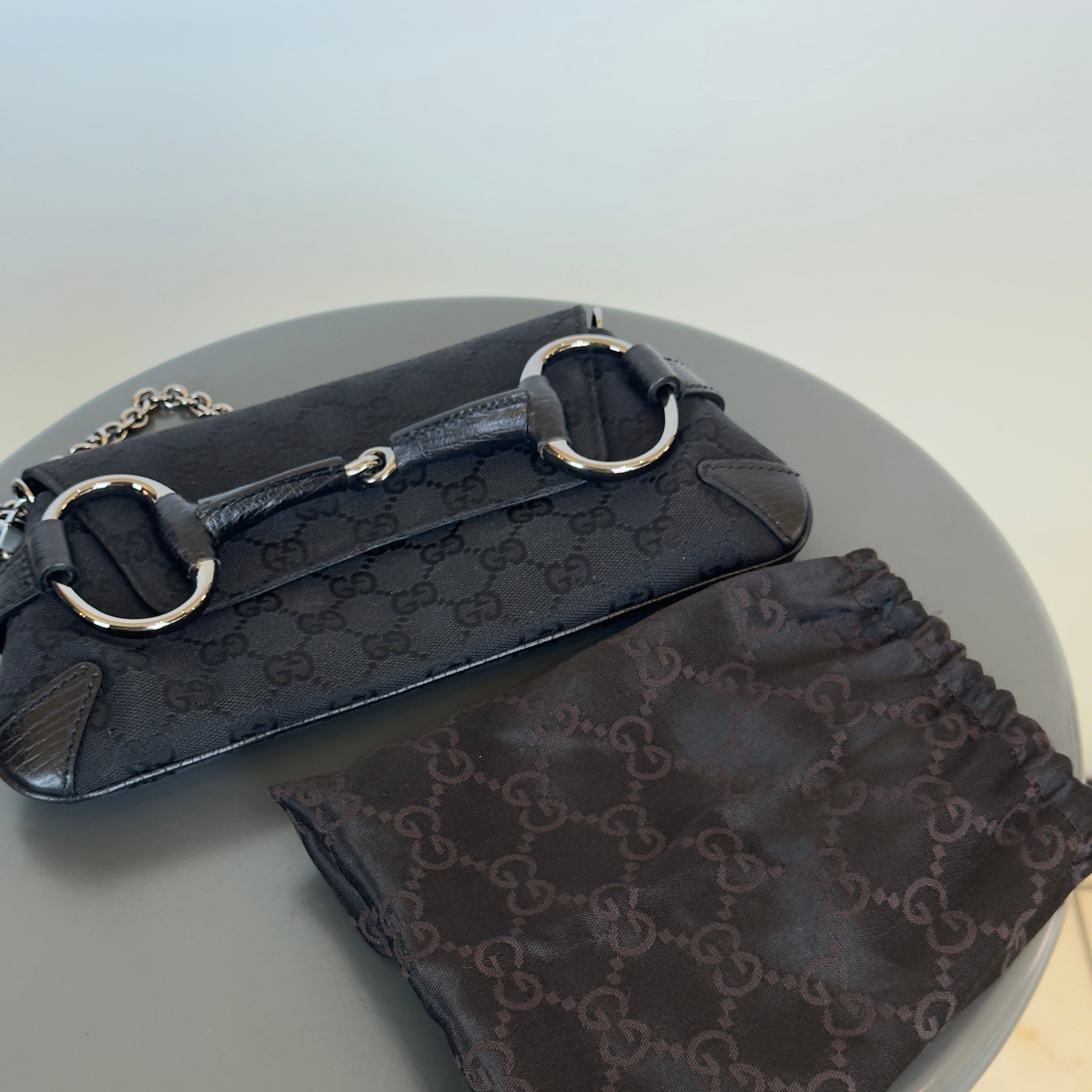 Rare Vintage Gucci Black GG Monogram Horsebit Shoulder Bag - Queen May