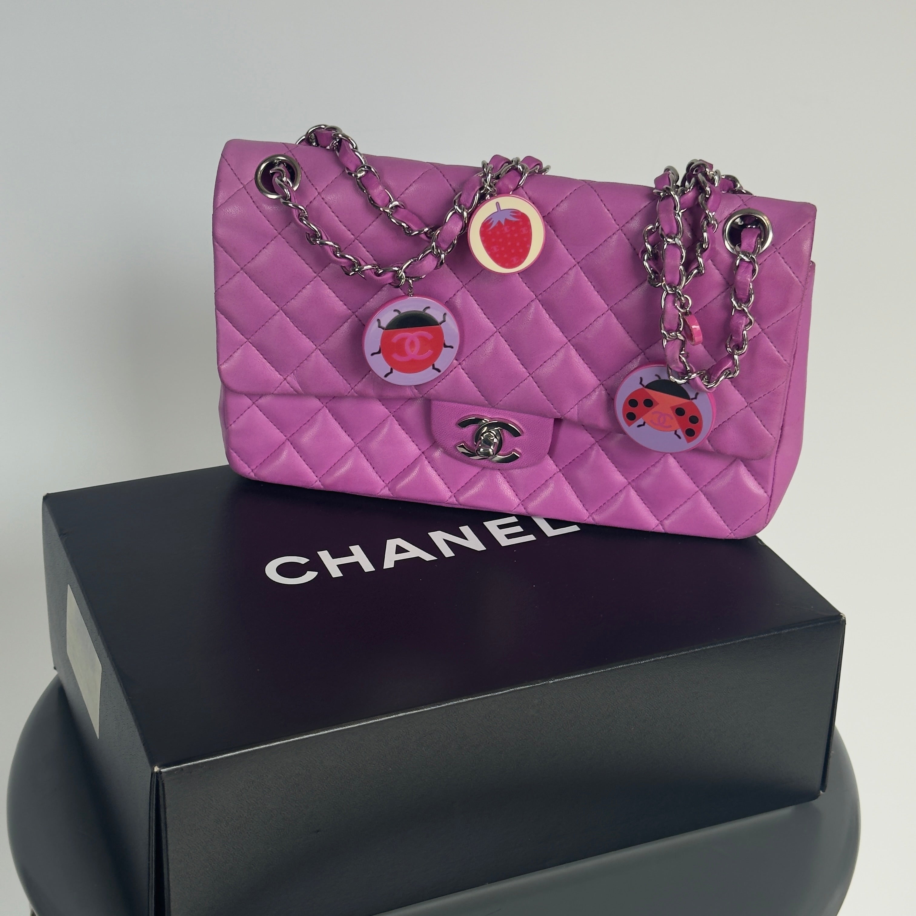 Rare Chanel Limited Edition Fuchsia Lambskin Leather Ladybug Charm Single Flap Bag - Queen May