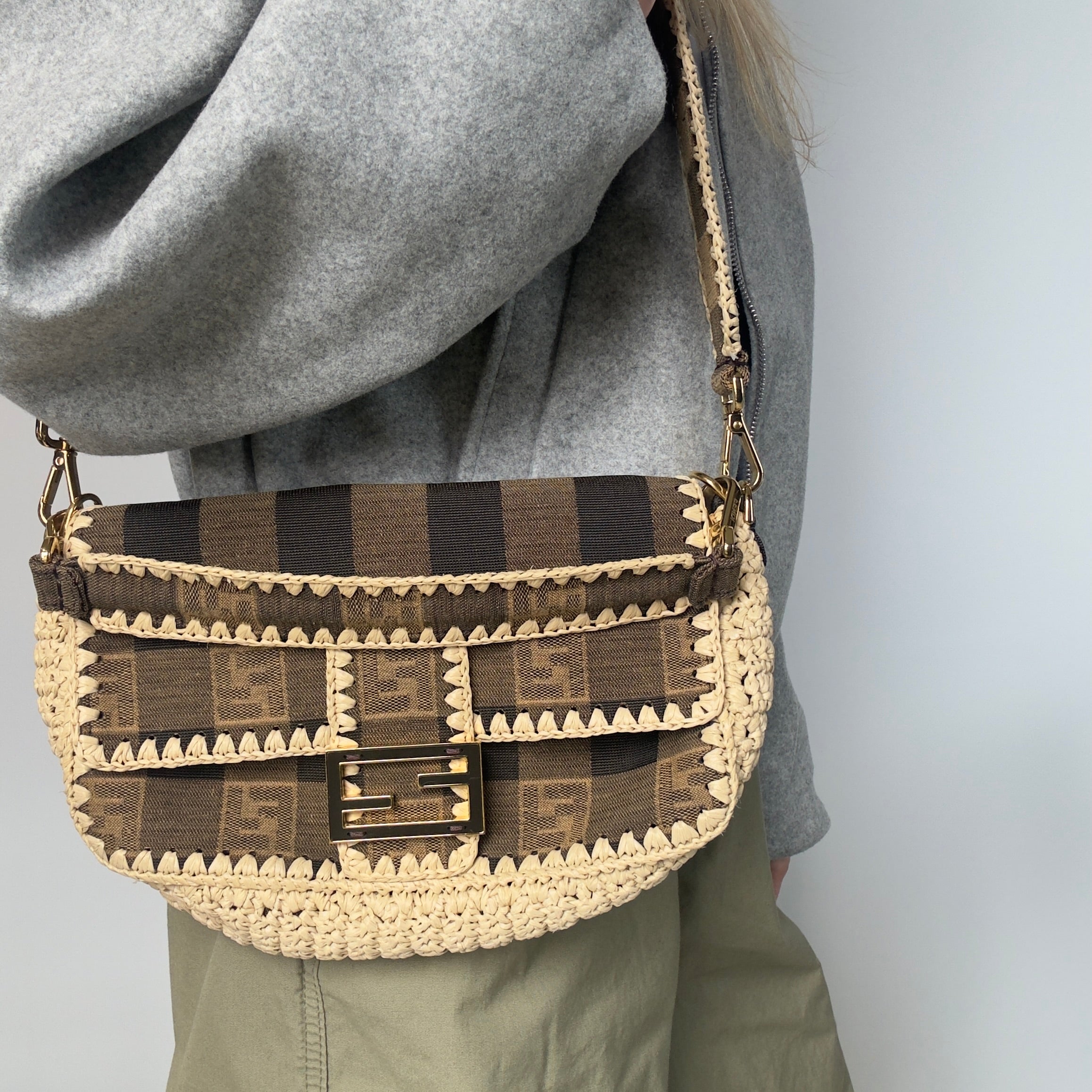 Fendi Baguette NM Pequin Canvas With Raffia Medium - Queen May