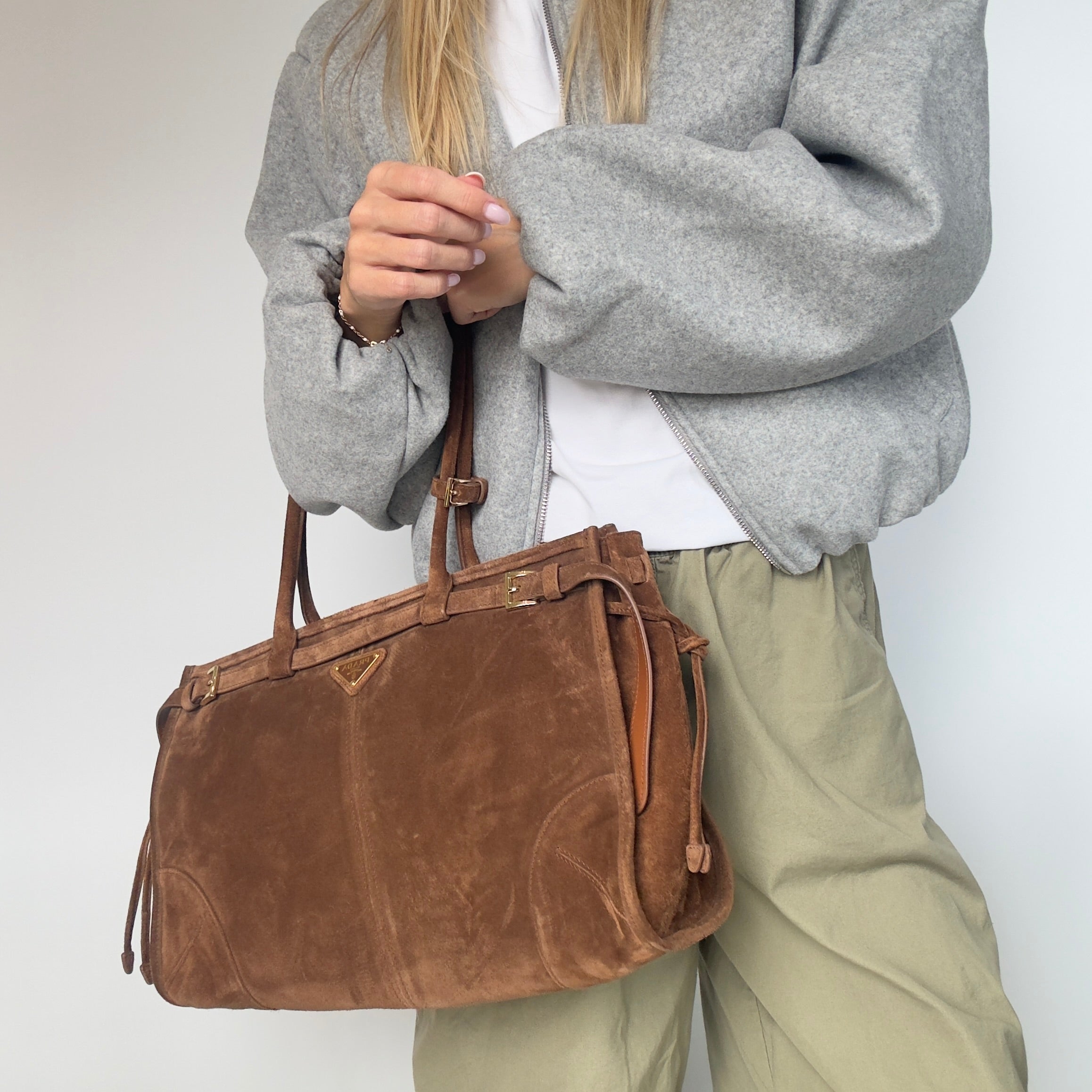 Prada Brown Suede Bonnie Tote Large - Queen May