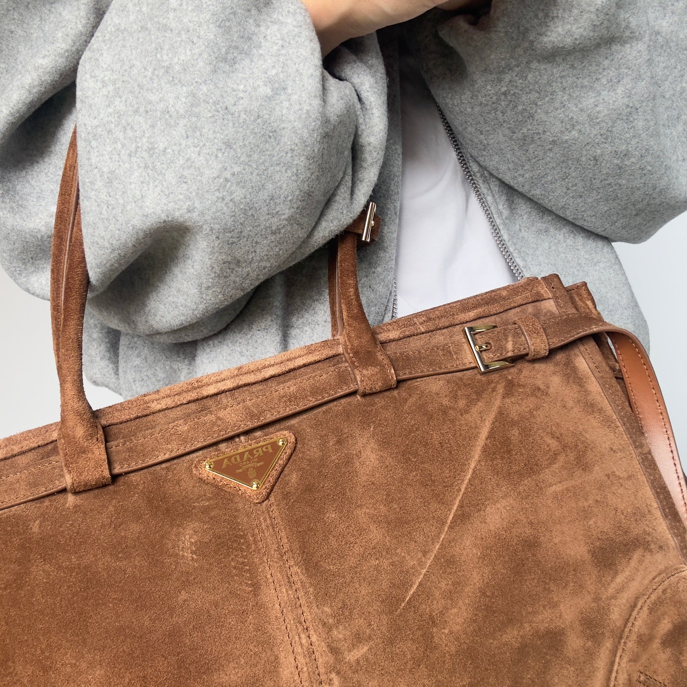 Prada Brown Suede Bonnie Tote Large - Queen May