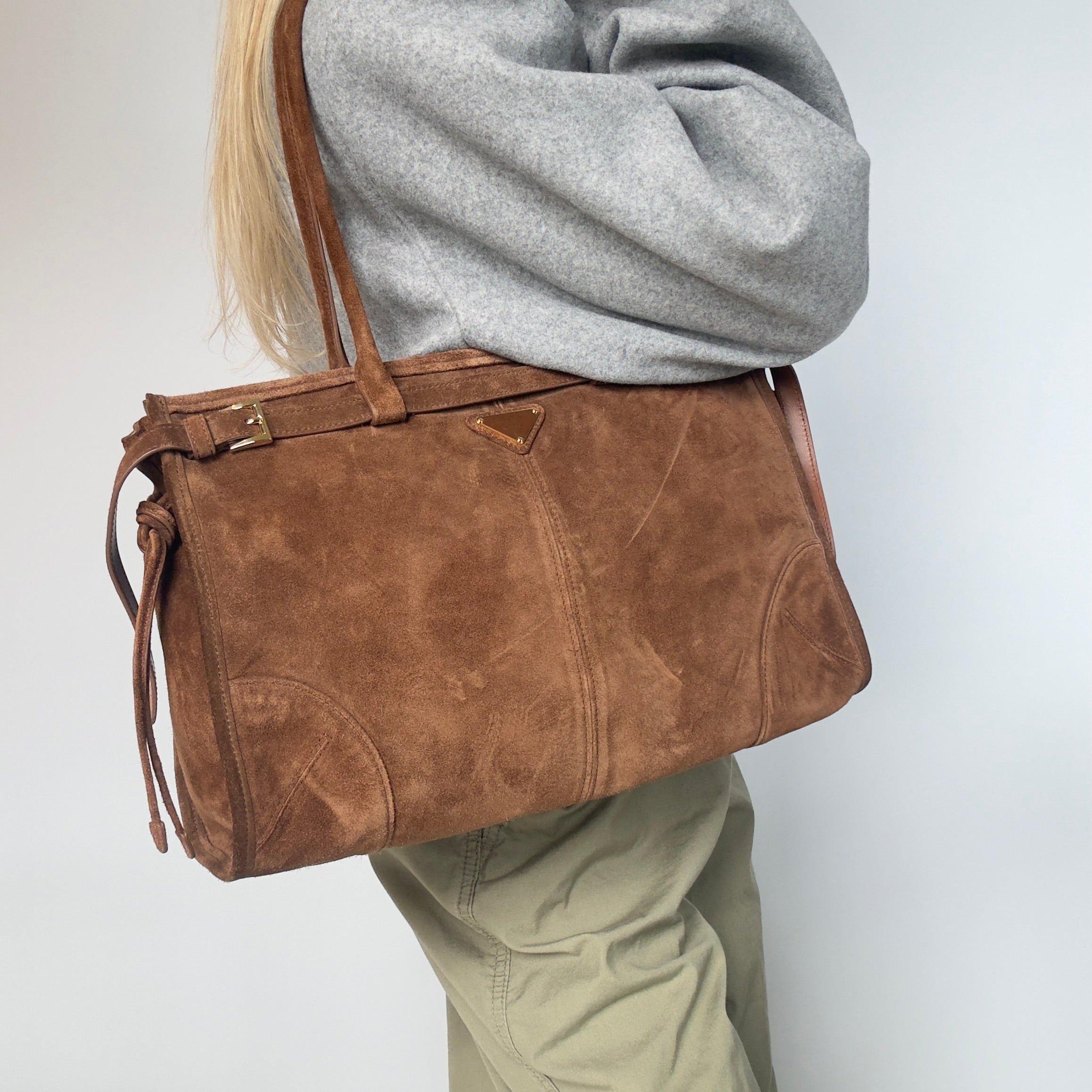 Prada Brown Suede Bonnie Tote Large - Queen May