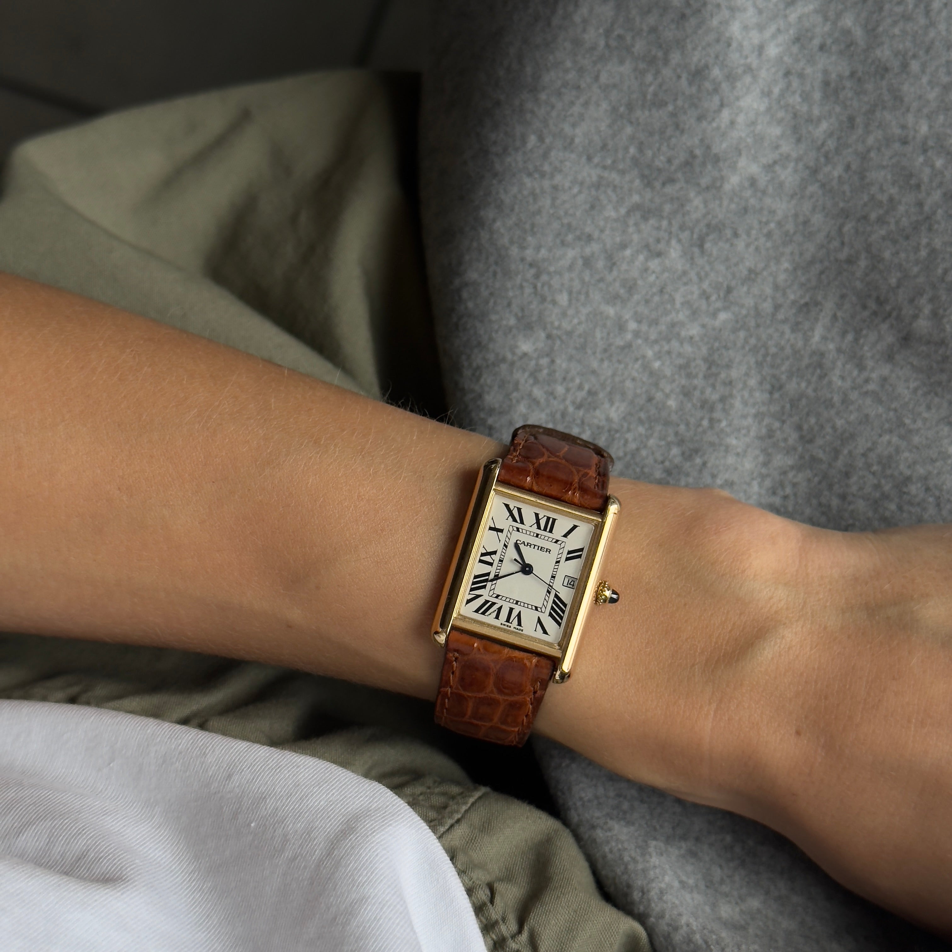 Cartier Tank Louis Cartier Model 2441 White Roman Numeral Dial Quartz 25MM 18K Yellow Gold Brown Leather Strap - Queen May