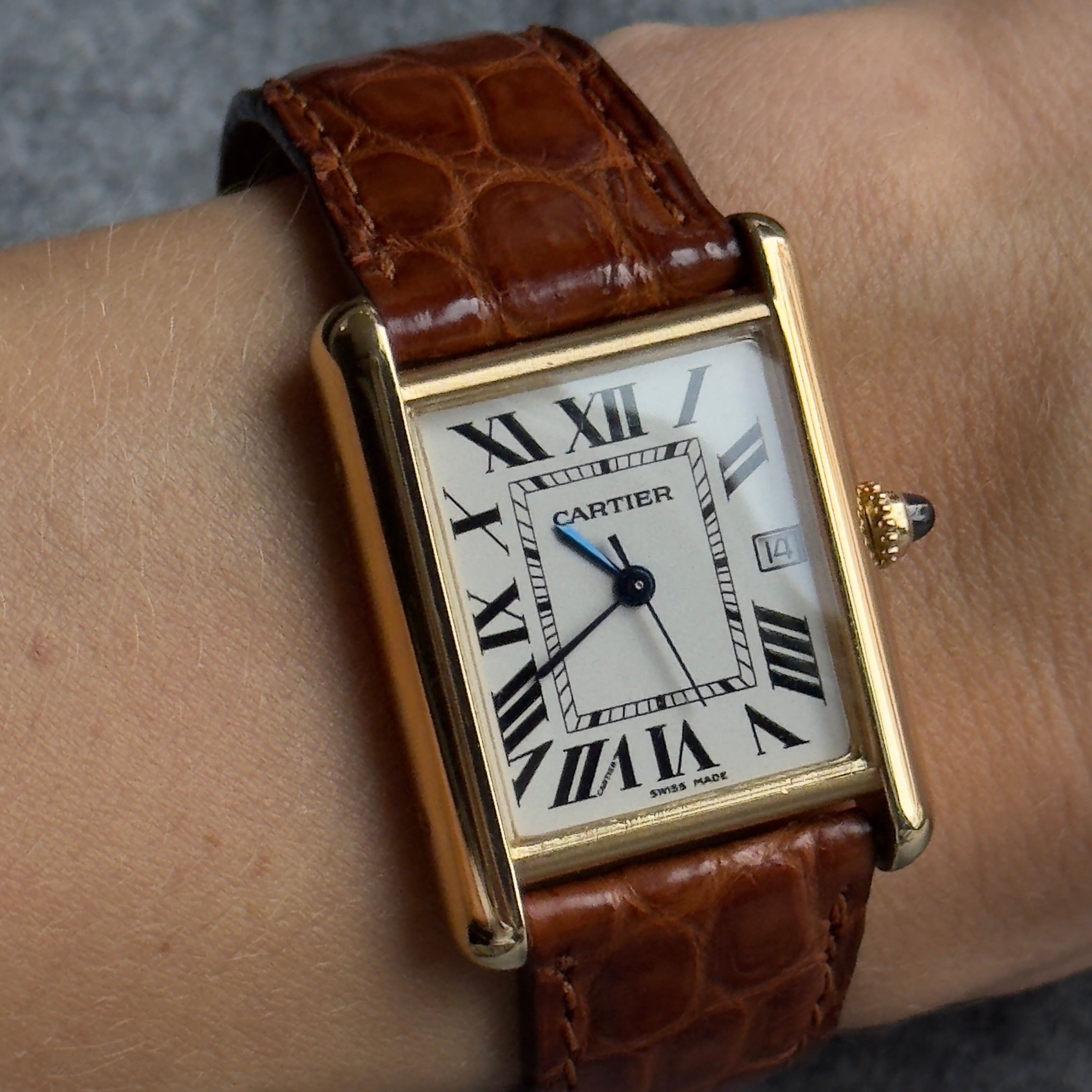 Cartier Tank Louis Cartier Model 2441 White Roman Numeral Dial Quartz 25MM 18K Yellow Gold Brown Leather Strap - Queen May