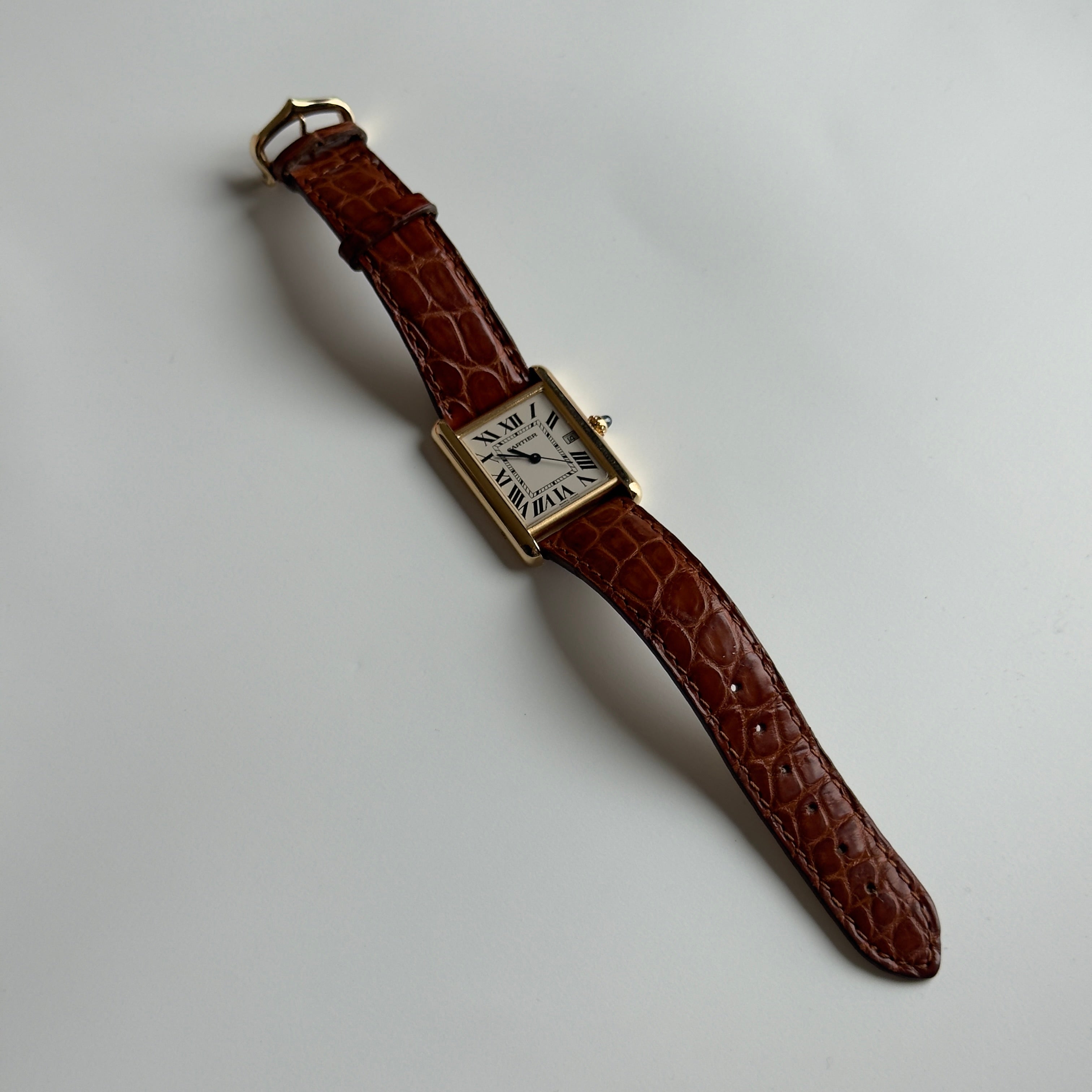 Cartier Tank Louis Cartier Model 2441 White Roman Numeral Dial Quartz 25MM 18K Yellow Gold Brown Leather Strap - Queen May