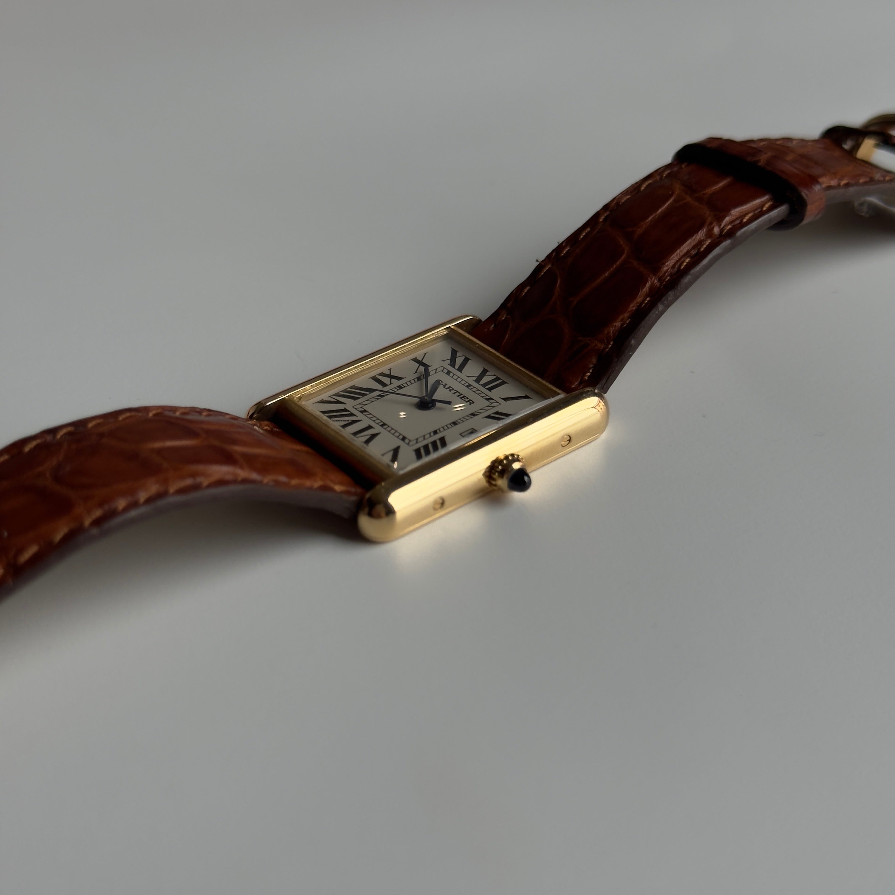 Cartier Tank Louis Cartier Model 2441 White Roman Numeral Dial Quartz 25MM 18K Yellow Gold Brown Leather Strap - Queen May