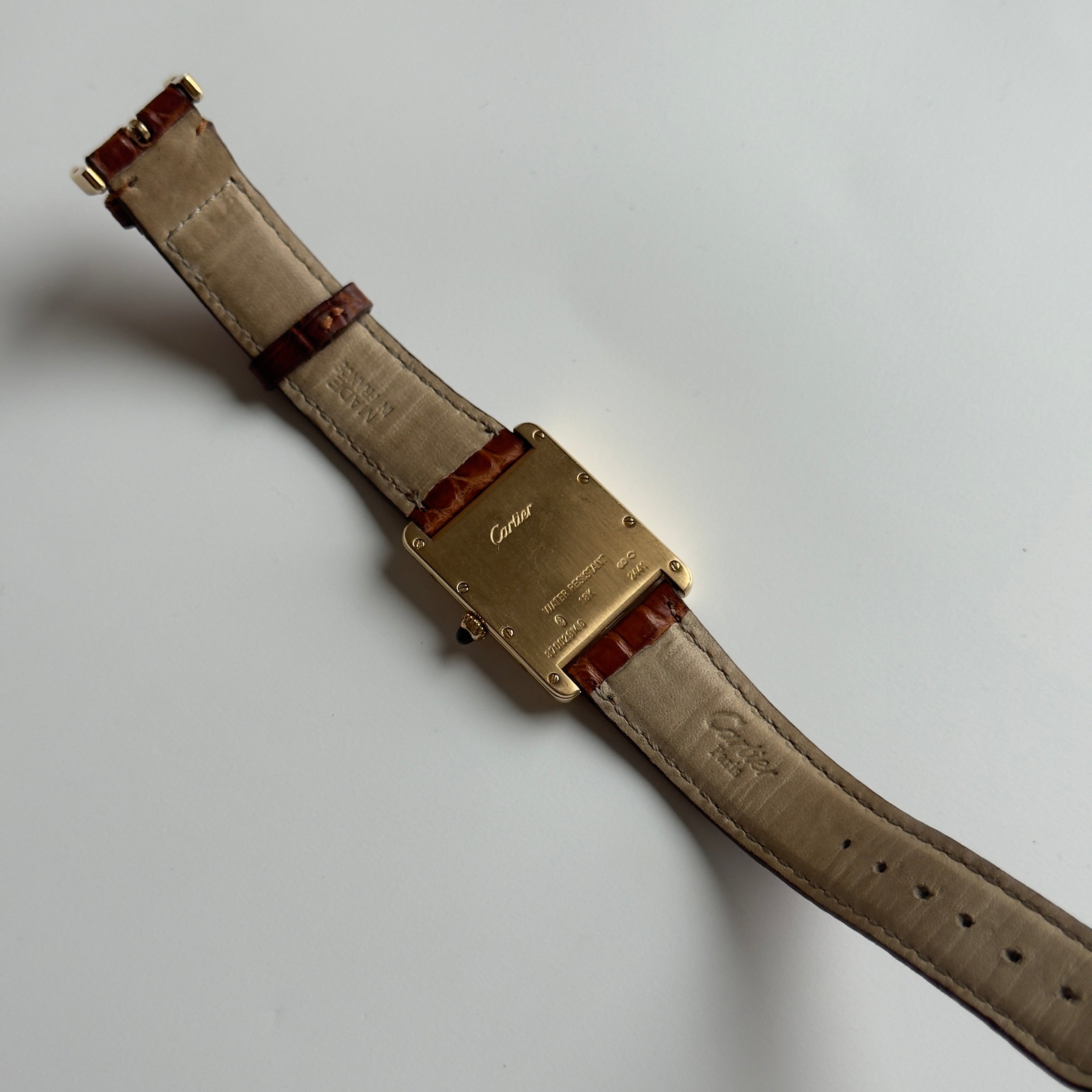 Cartier Tank Louis Cartier Model 2441 White Roman Numeral Dial Quartz 25MM 18K Yellow Gold Brown Leather Strap - Queen May