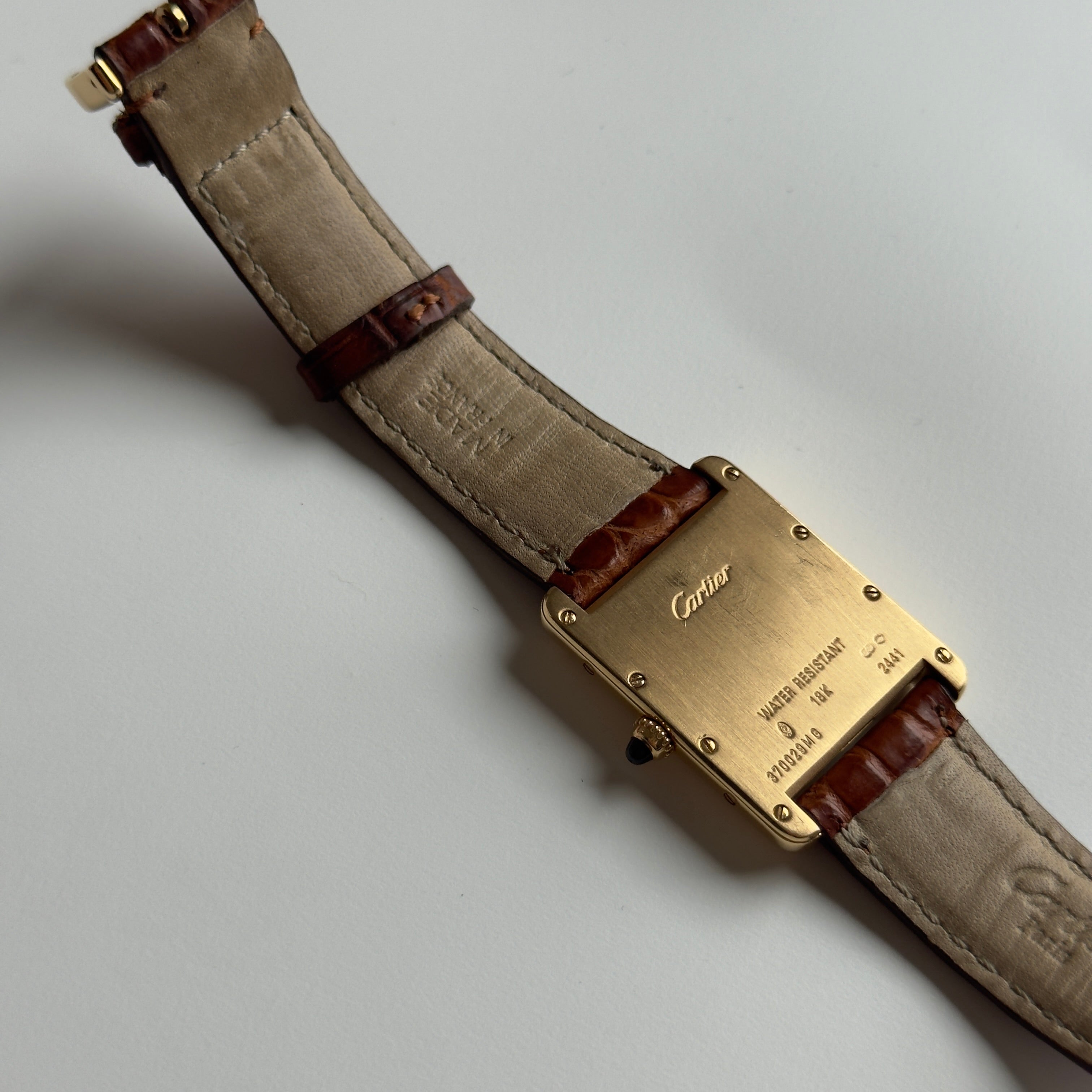 Cartier Tank Louis Cartier Model 2441 White Roman Numeral Dial Quartz 25MM 18K Yellow Gold Brown Leather Strap - Queen May