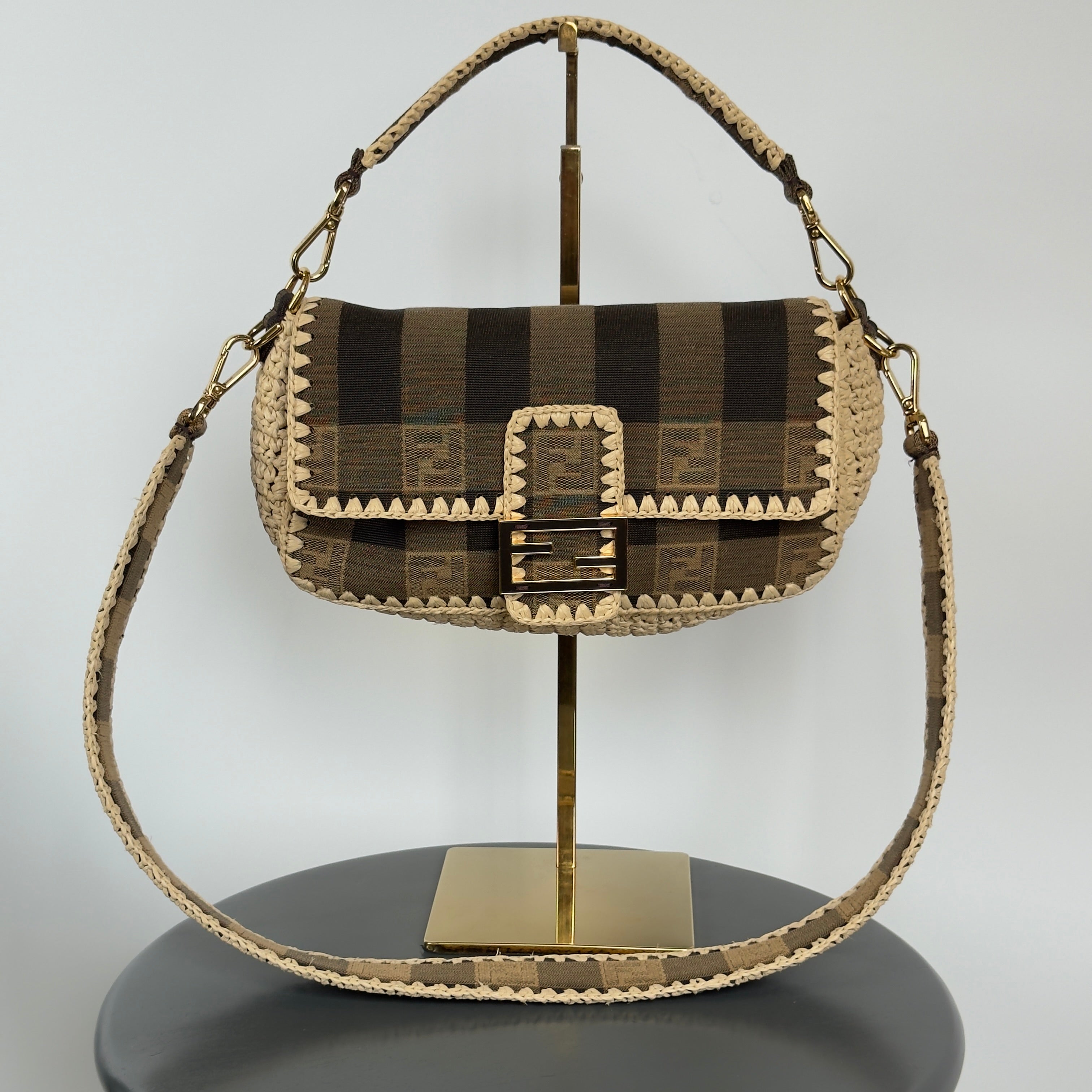 Fendi Baguette NM Pequin Canvas With Raffia Medium - Queen May