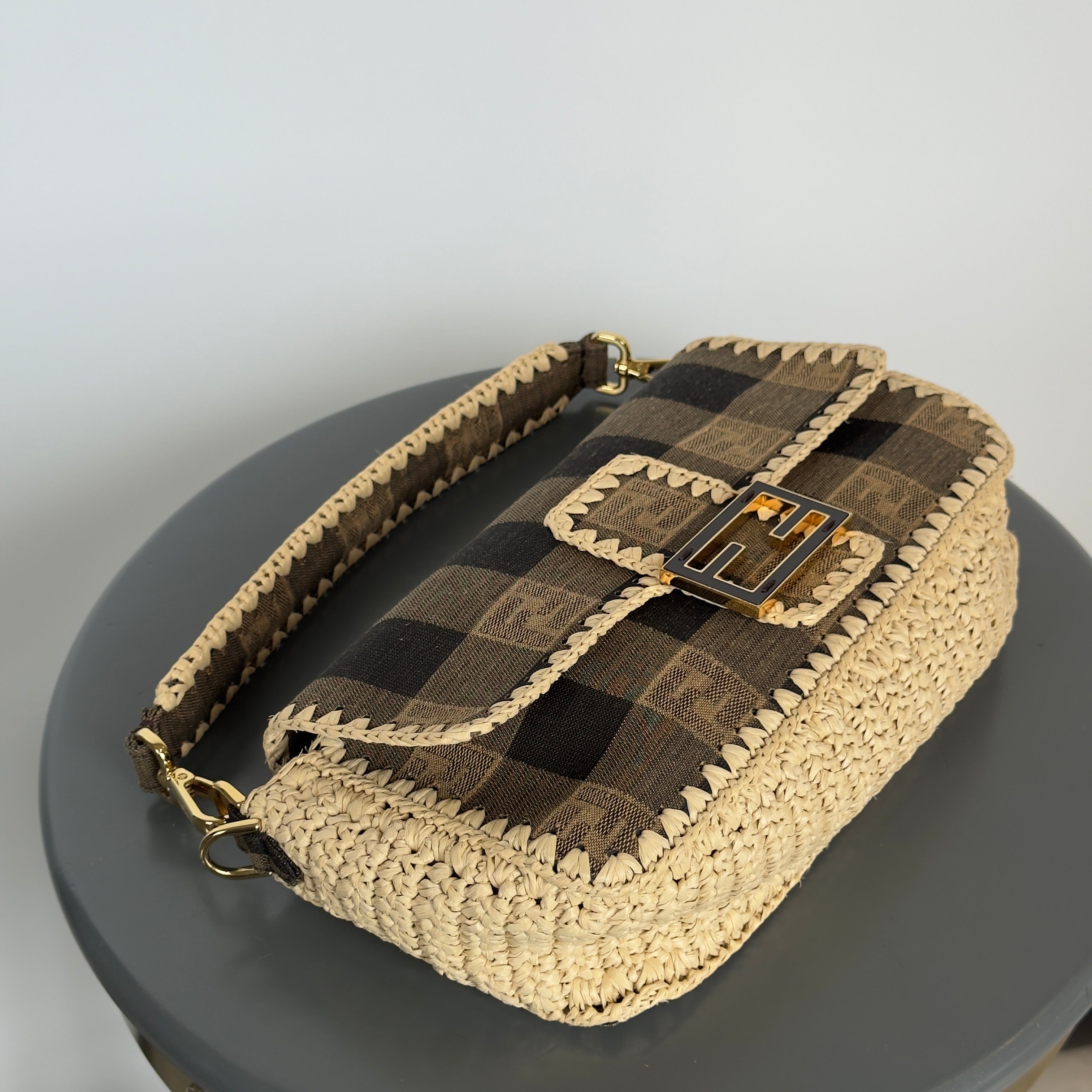 Fendi Baguette NM Pequin Canvas With Raffia Medium - Queen May