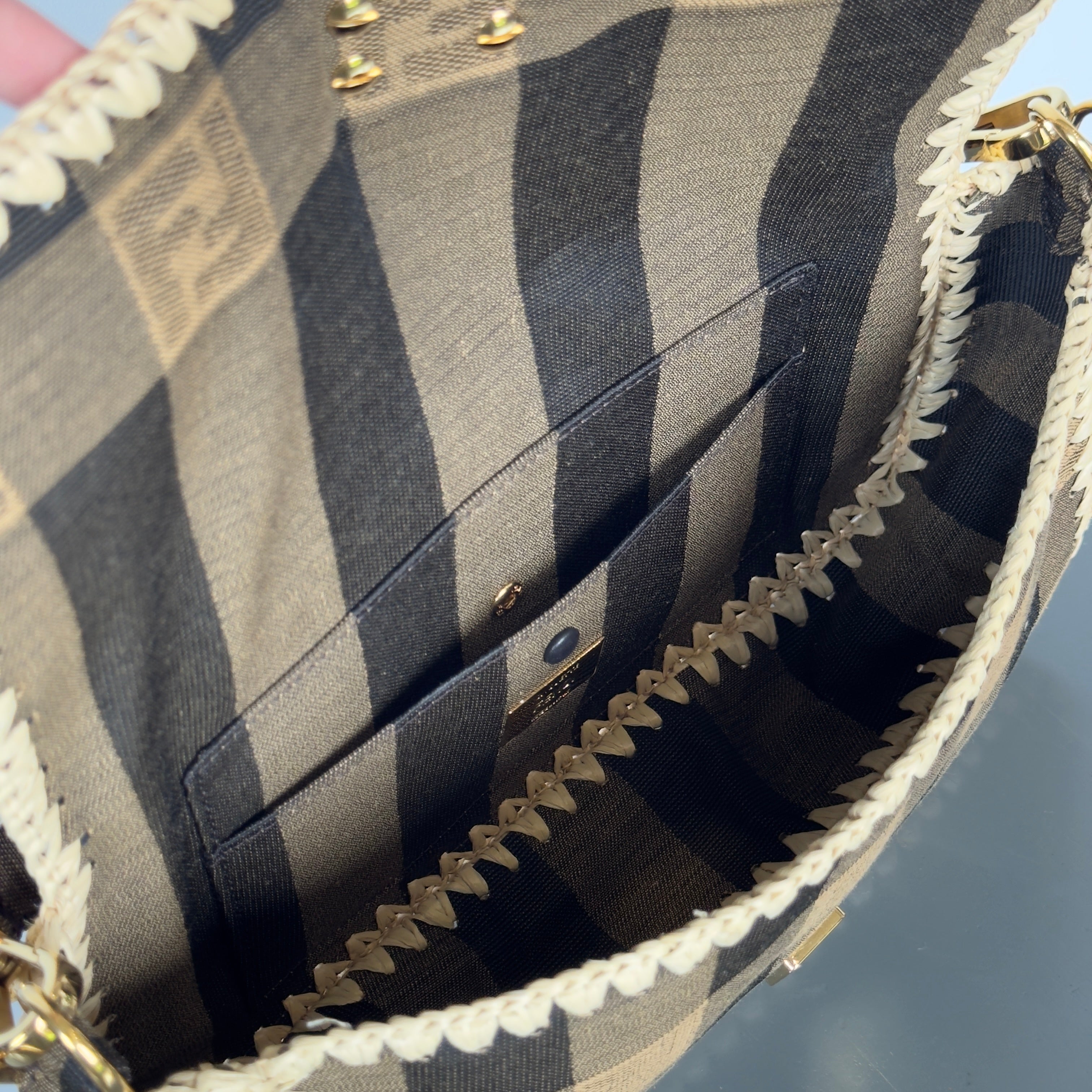 Fendi Baguette NM Pequin Canvas With Raffia Medium - Queen May