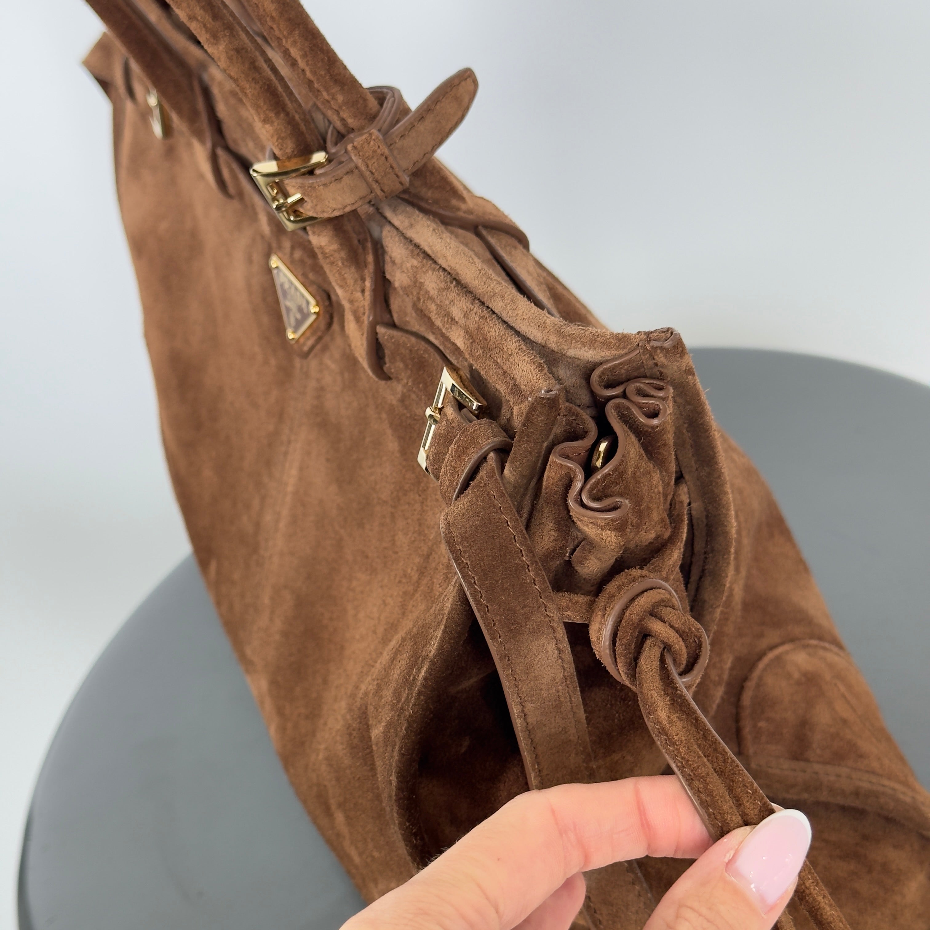 Prada Brown Suede Bonnie Tote Large - Queen May