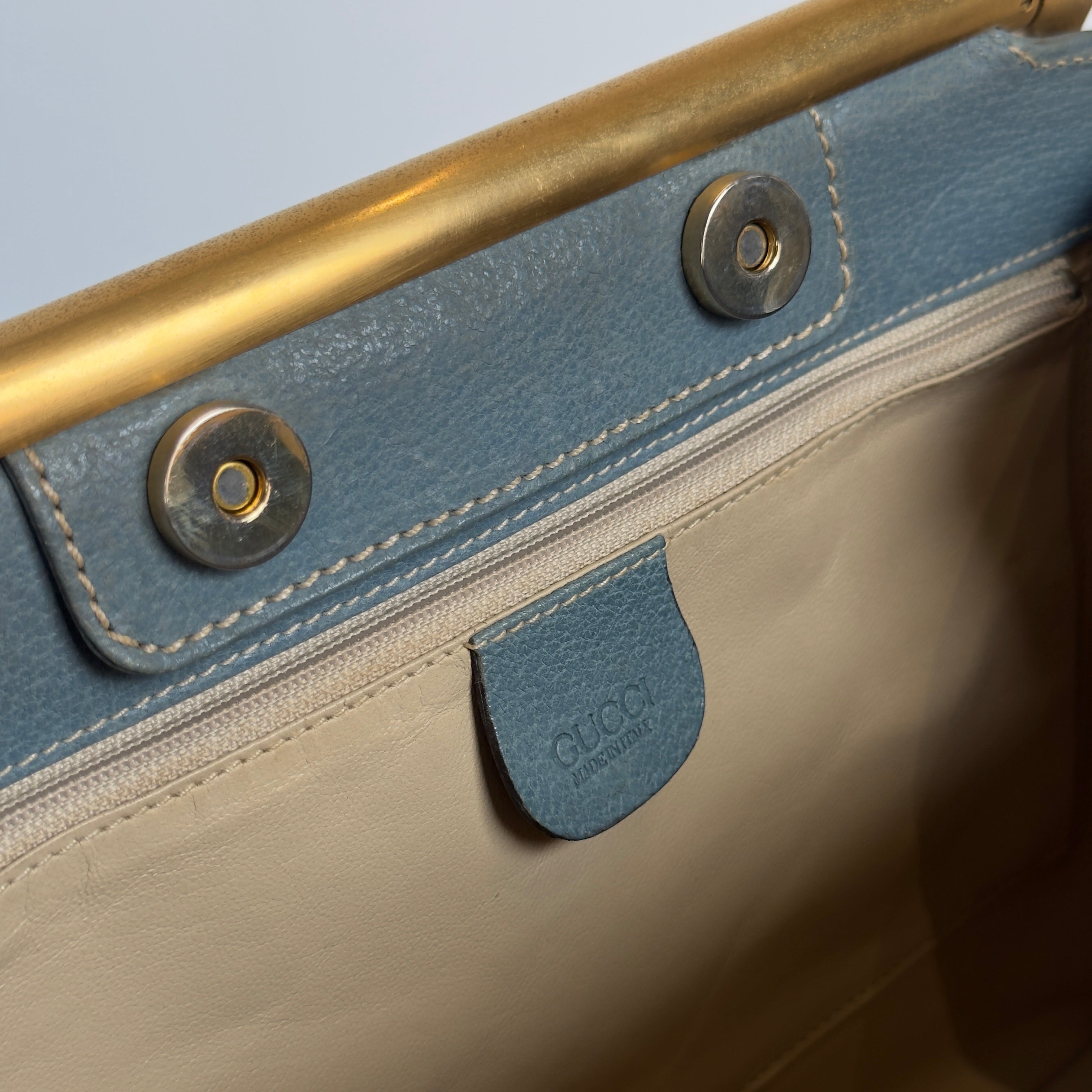 Rare Vintage Gucci Blue Jean Leather Snafflebit Top Handle Bag - Queen May