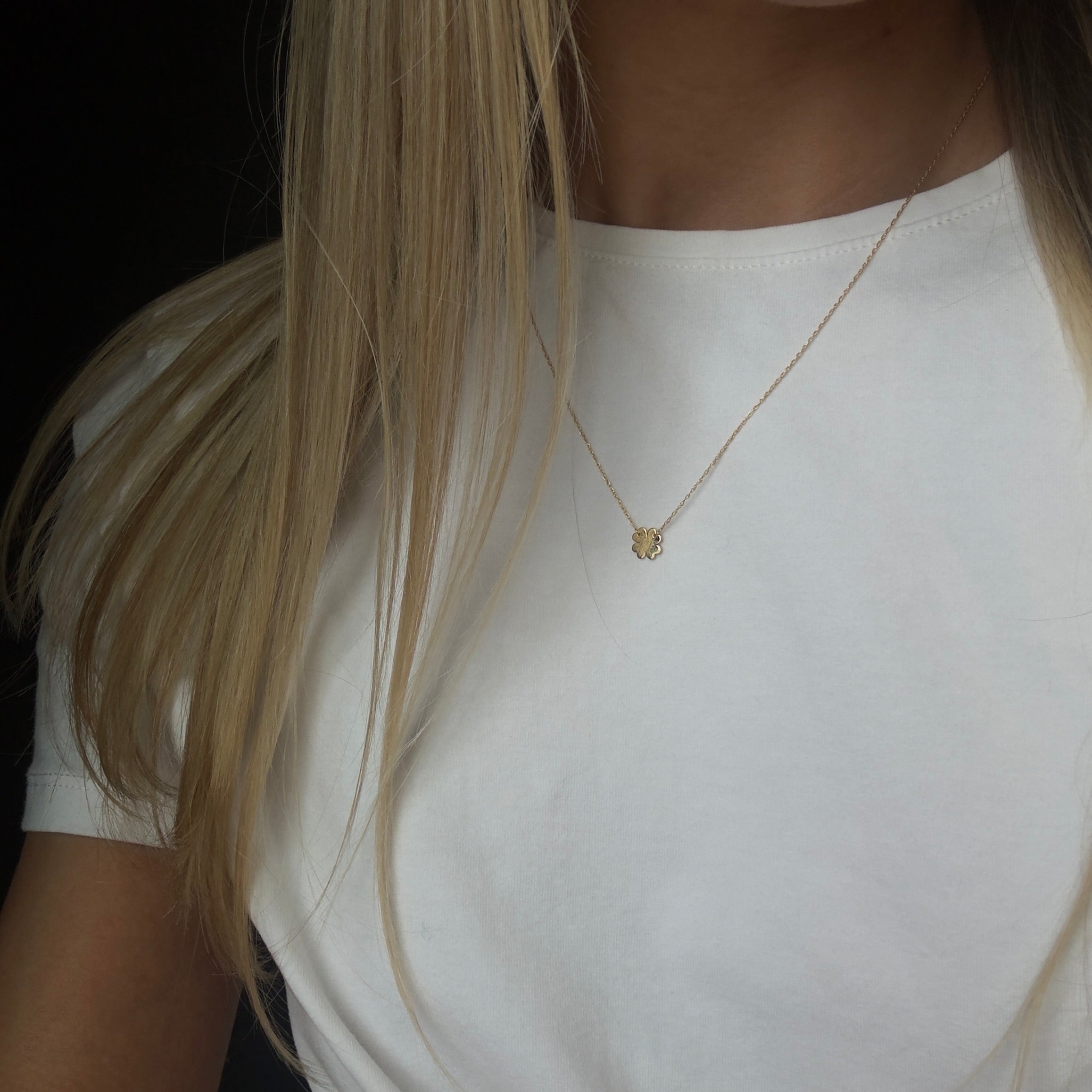 14K Gold Mini Lucky Four Leaf Clover Pendant Necklace - Queen May