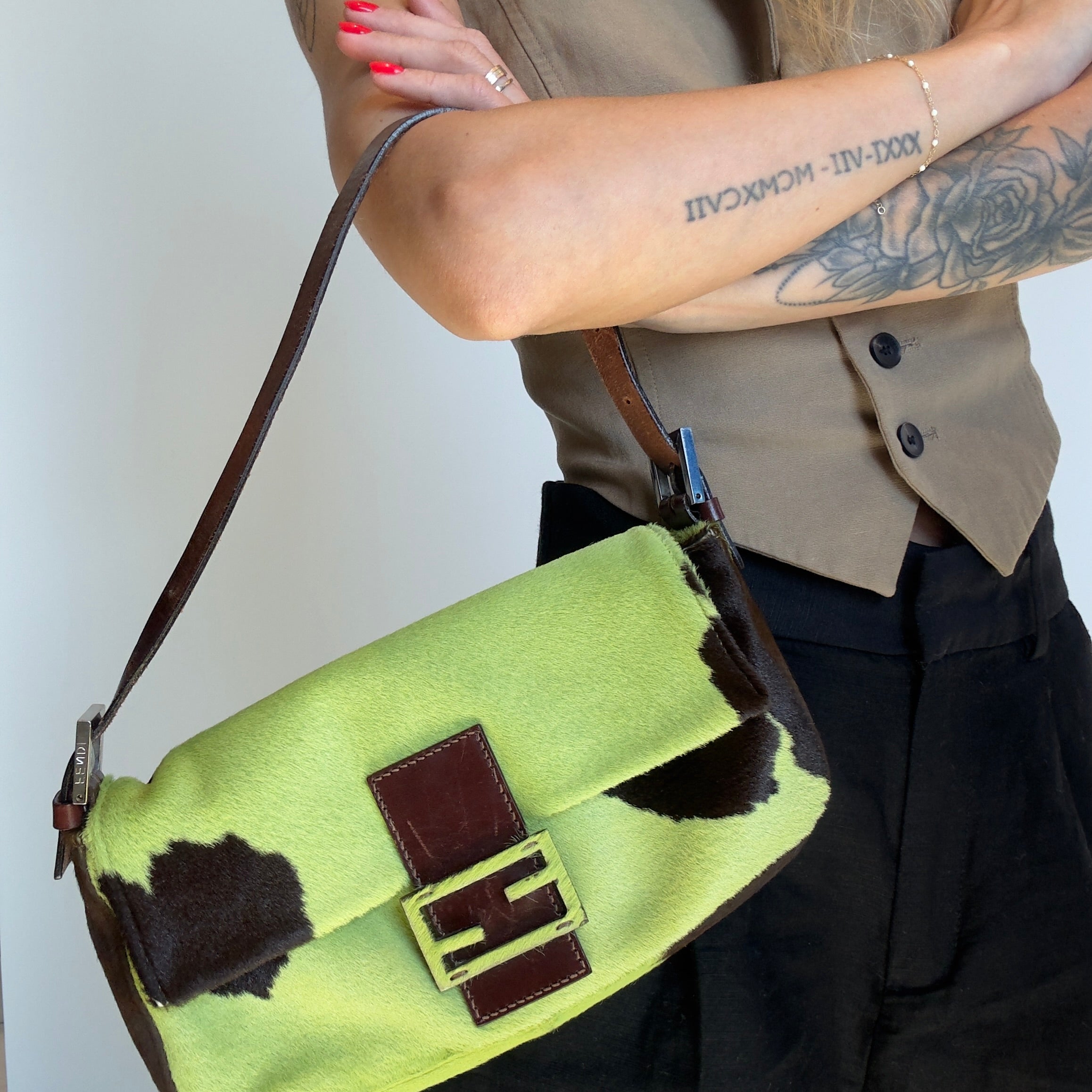 Rare Fendi Green Cow Print Ponyhair Baguette - Queen May